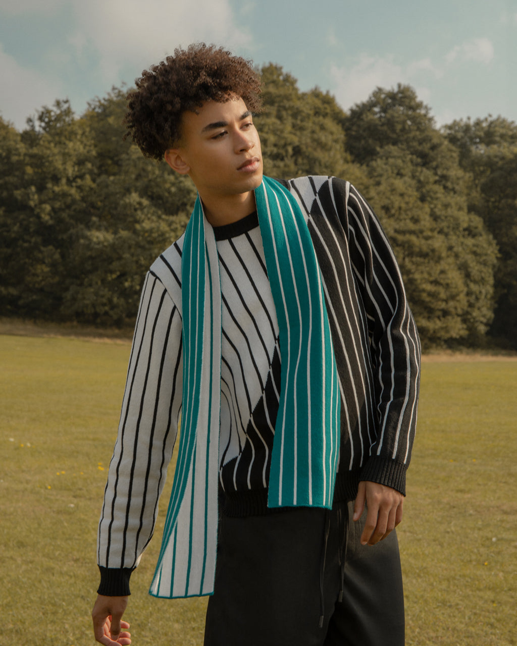 Thin Stripe Wool and Cashmere Scarf in Teal