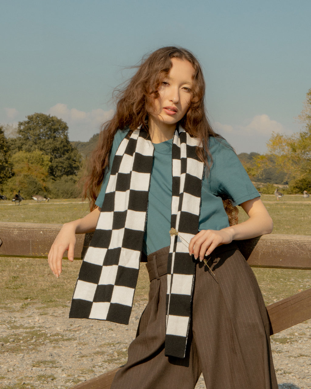 Checked Wool and Cashmere Scarf in Black and White