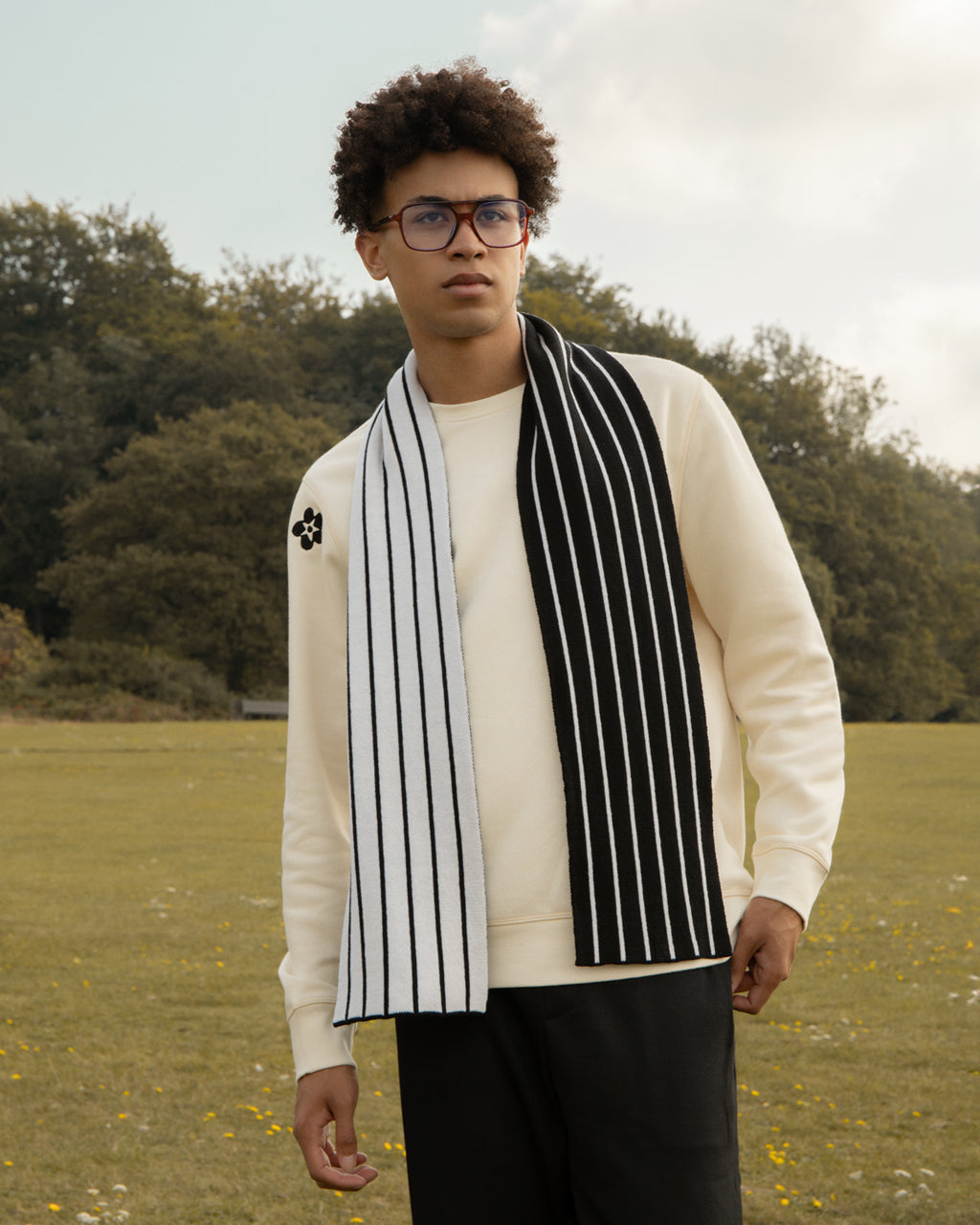 Thin Stripe Wool and Cashmere Scarf in Black