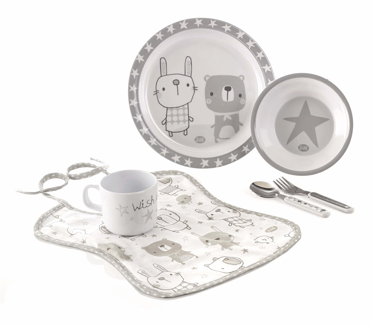 6 Piece Baby Crockery Set with Bib in Star Design