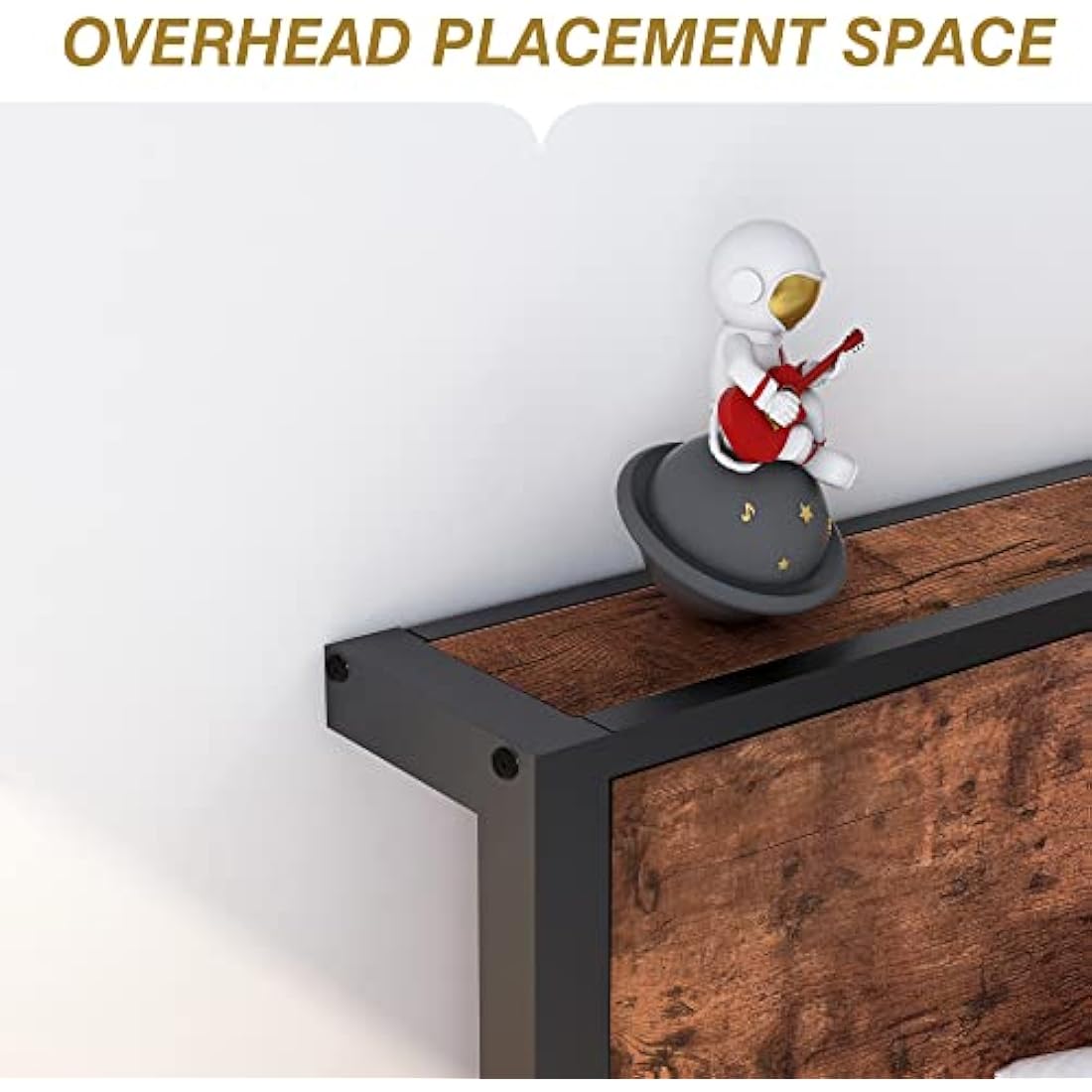 Single Bed Frame with Wooden Storage Headboard Shelf, Metal Frame, Black and Brown Oak