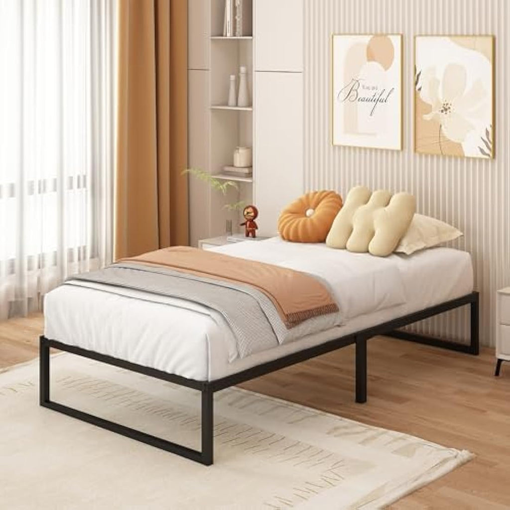 Single Bed Frame 90x190 cm Metal Platform with Steel Slat Support