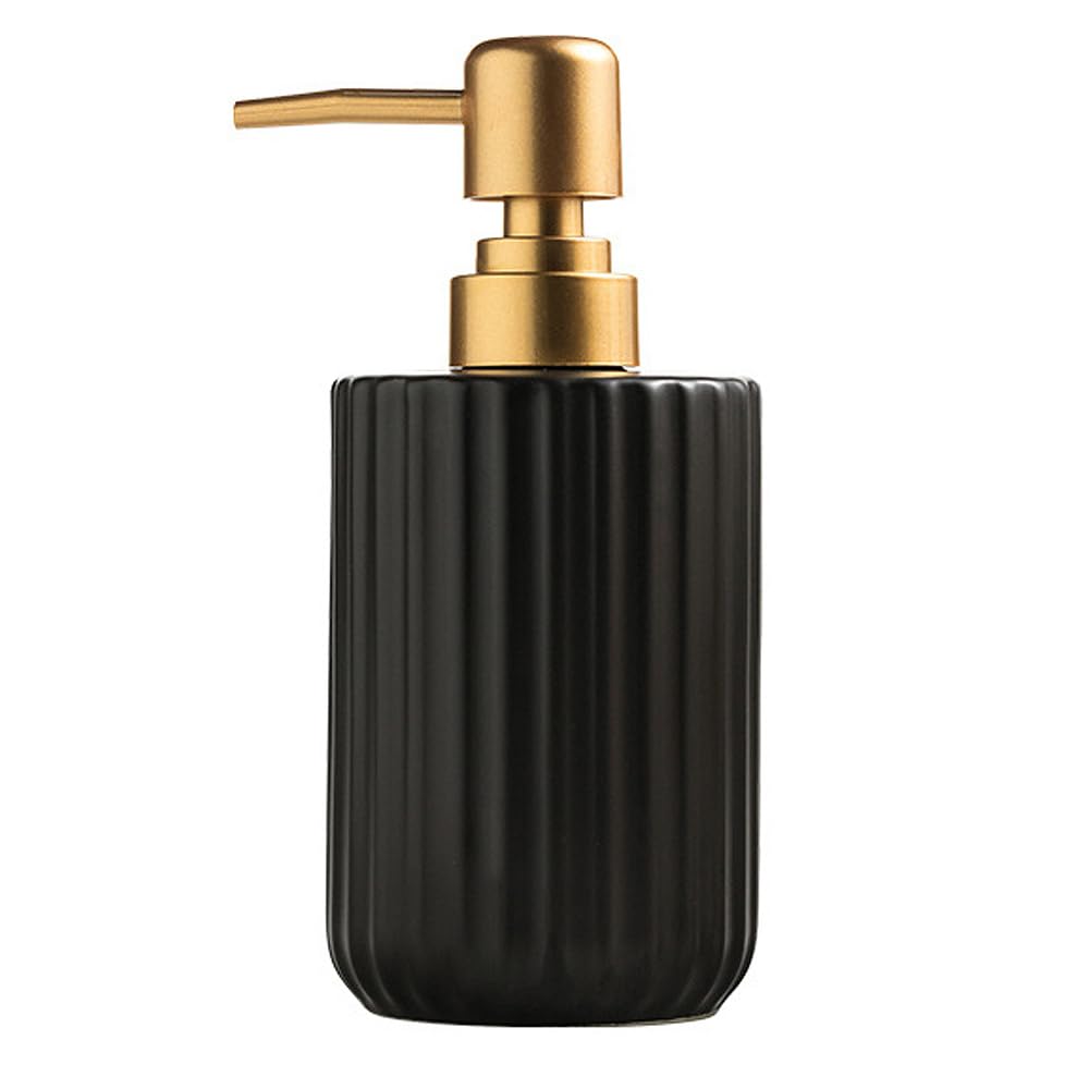 Black Ceramic Soap Dispenser with Vertical Stripes and Gold Pump