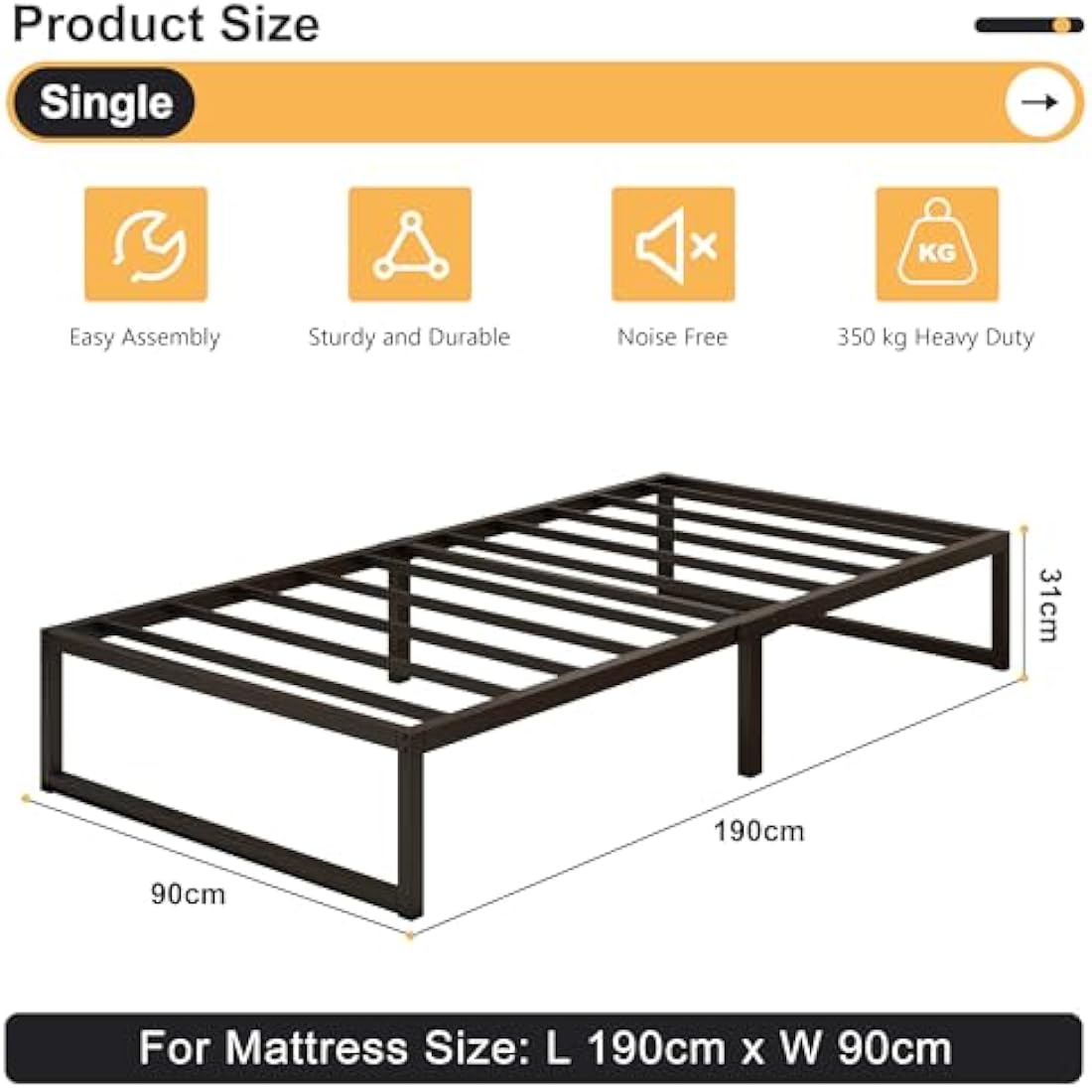 Single Bed Frame 90x190 cm Metal Platform with Steel Slat Support