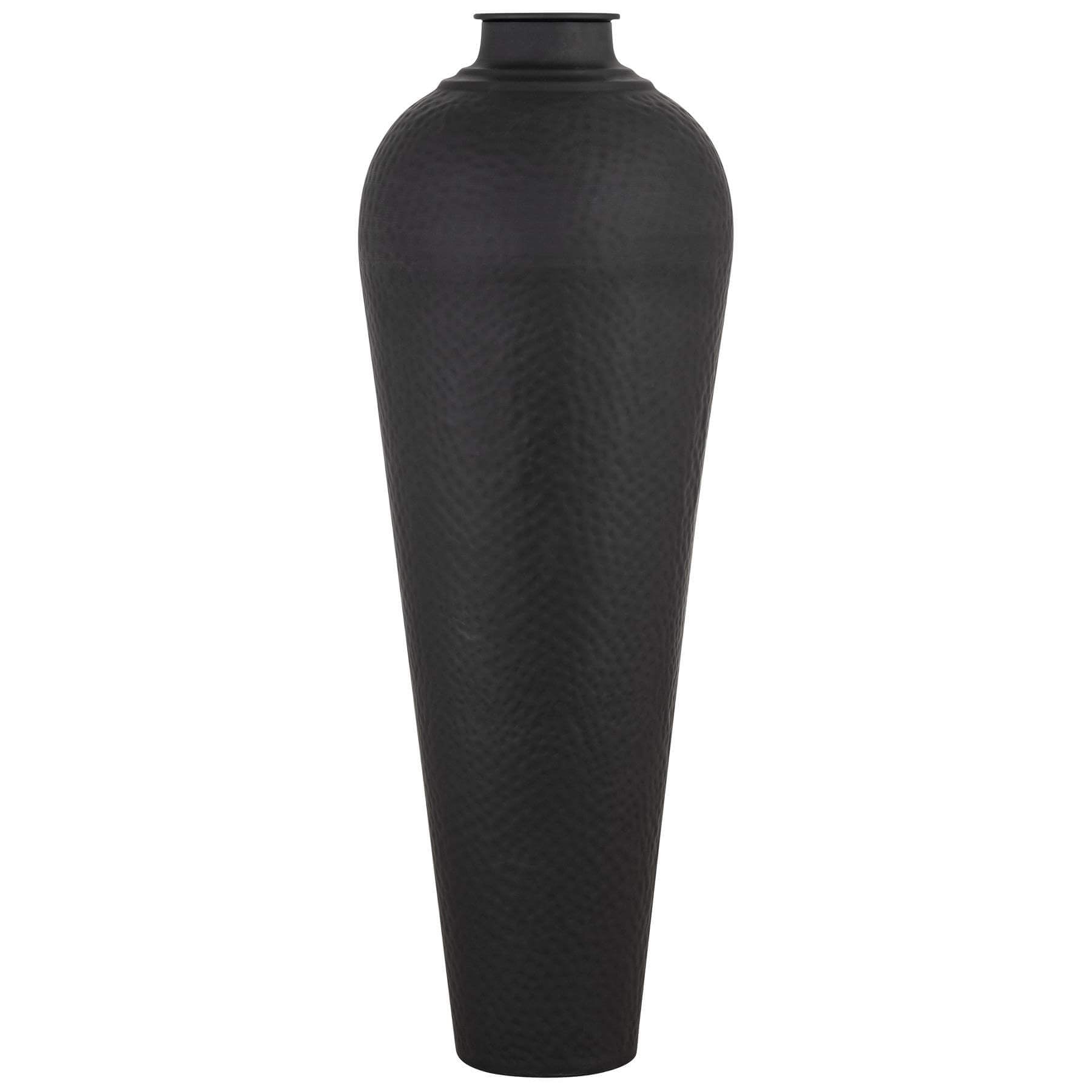 Large matte black hammered metal vase with textured surface and removable lid, 103cm tall by sostter at brixbailey.com