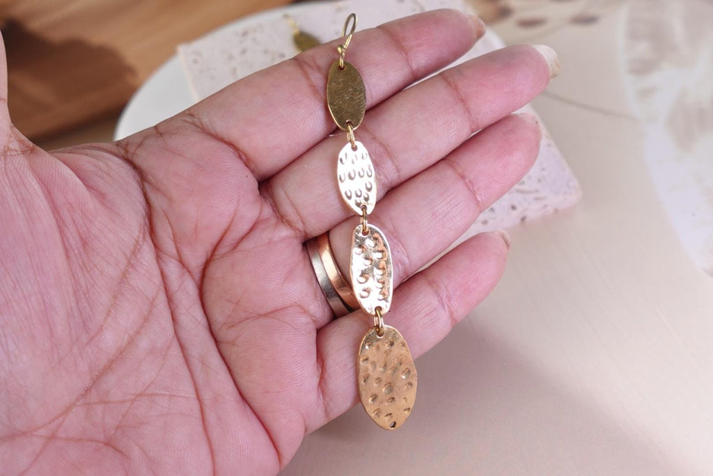 Solar Beam Oval Drops Hammered Brass Earrings