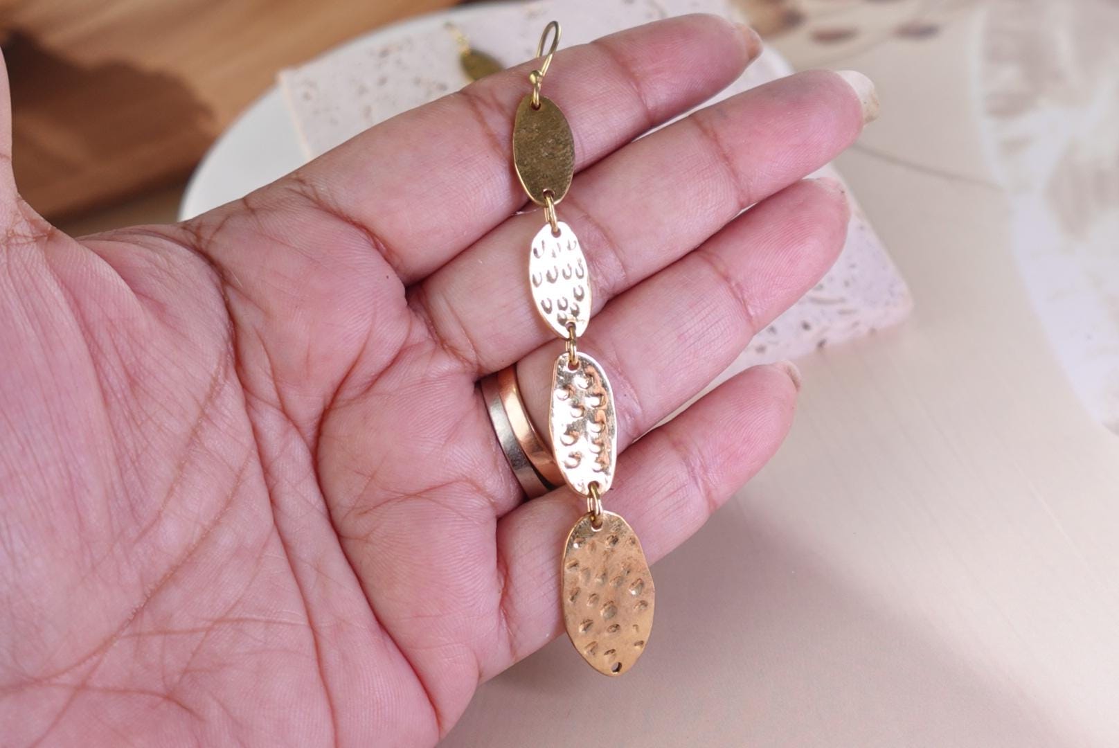 Solar Beam Oval Drops Hammered Brass Earrings