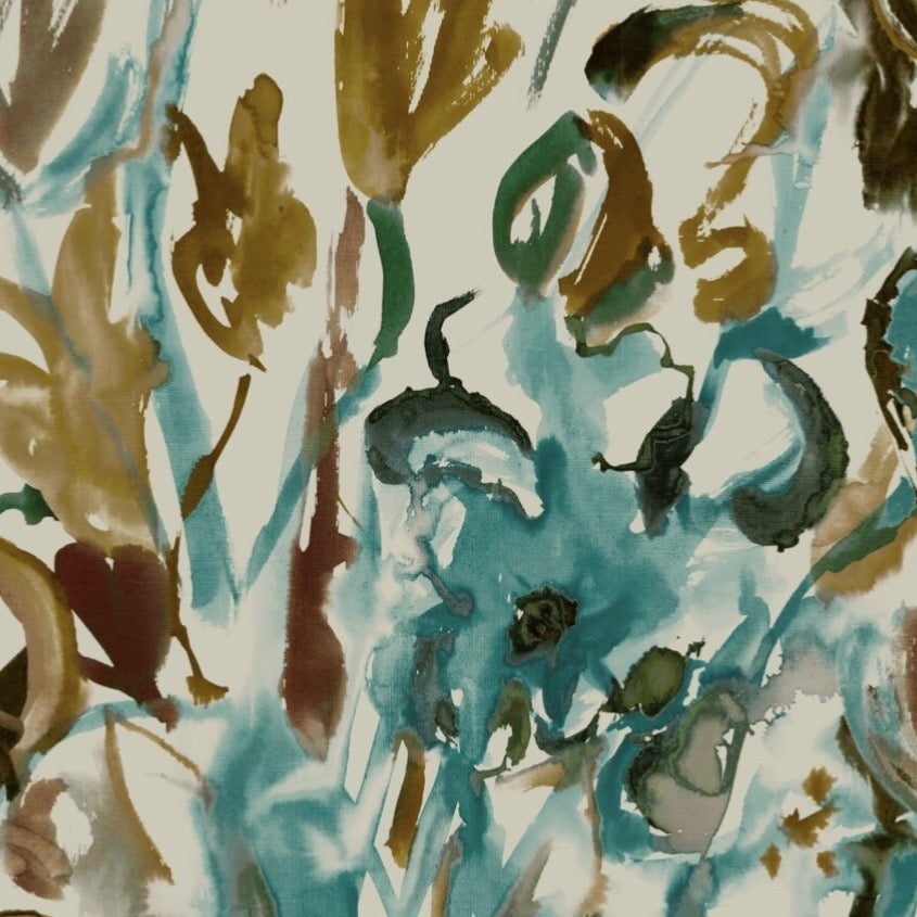 Watercolour Floral Wallpaper in Teal and Ochre