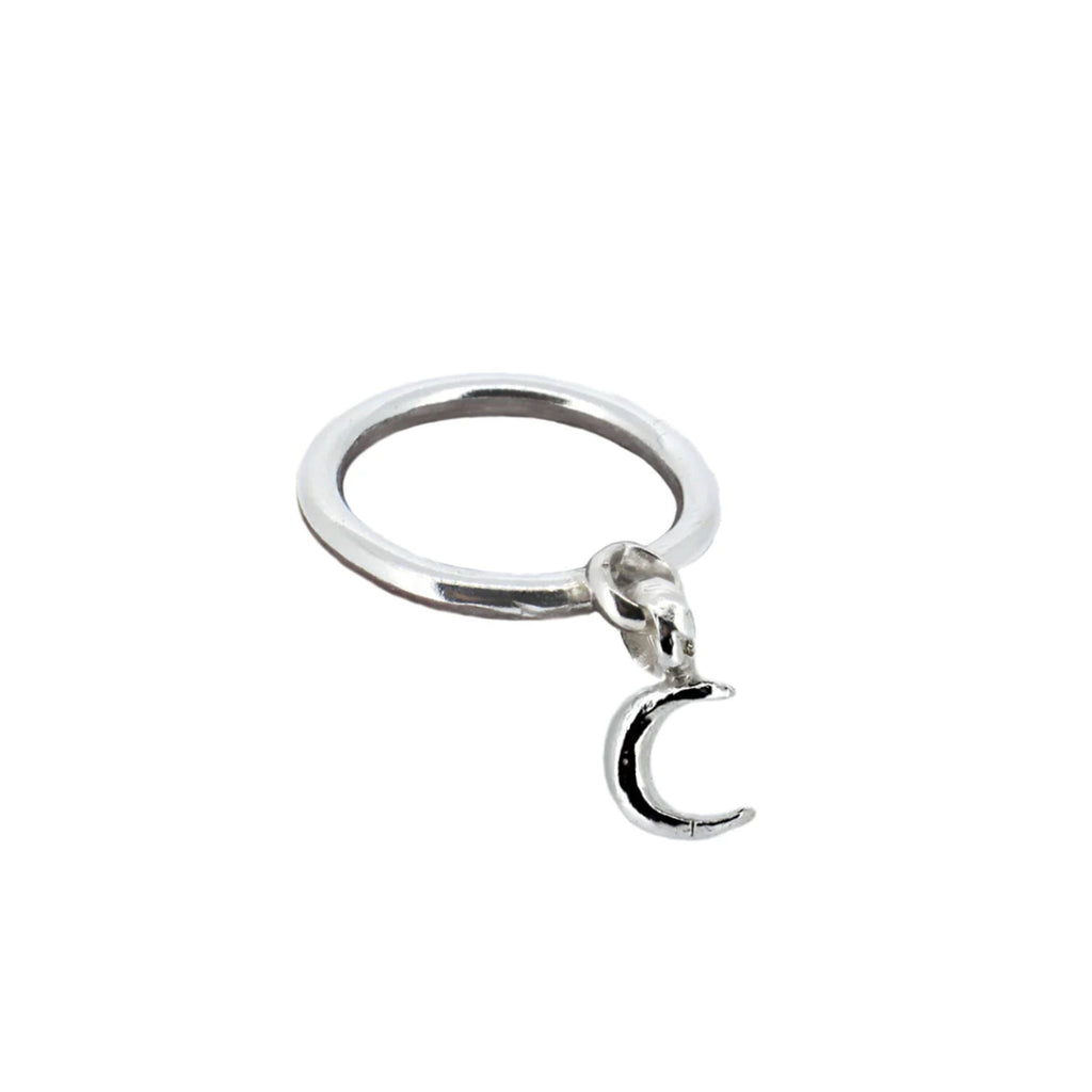 Crescent Moon Dangle Ring in Sterling Silver