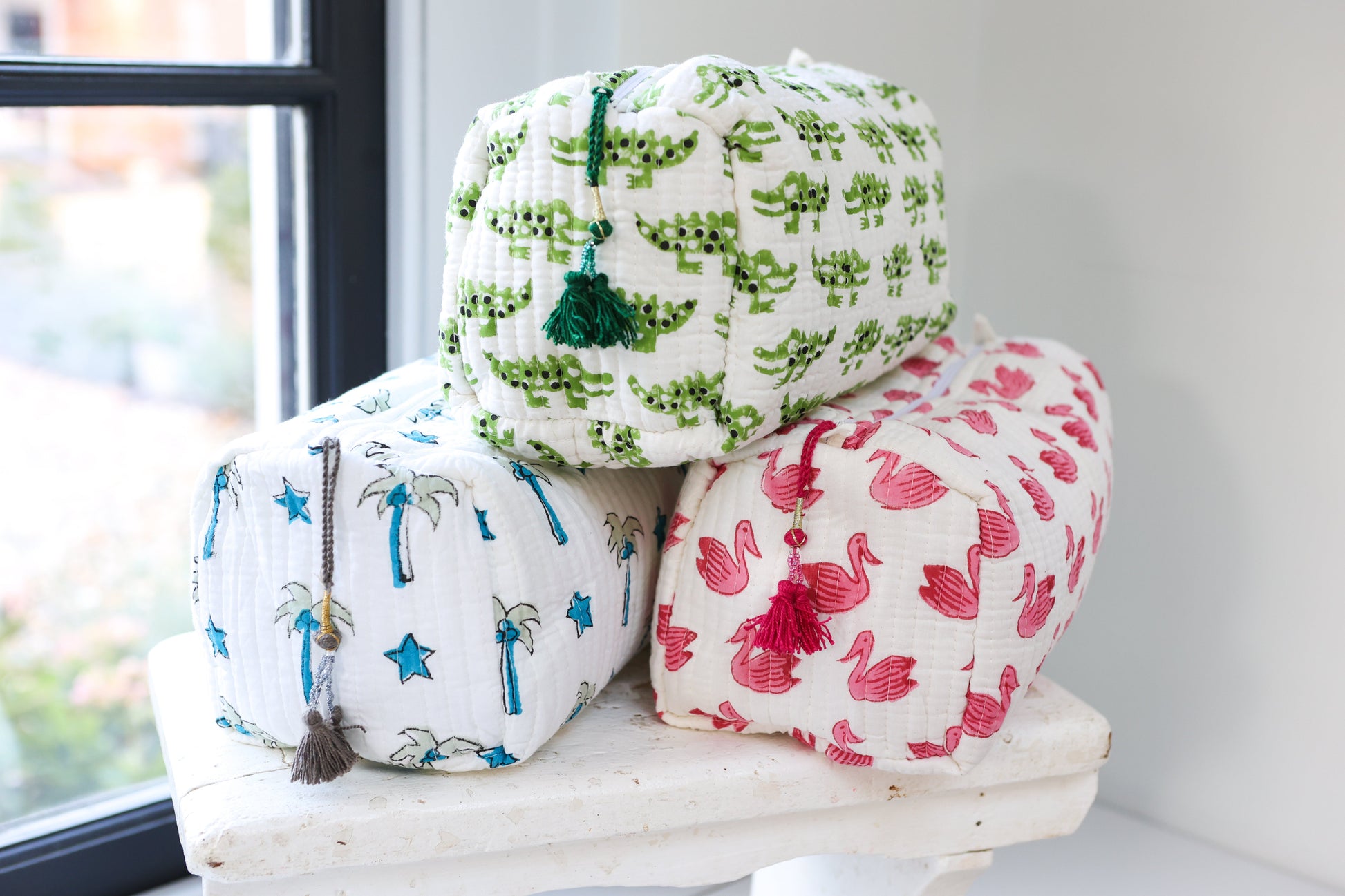 Crocodile Print Cotton Wash Bag with Waterproof Lining