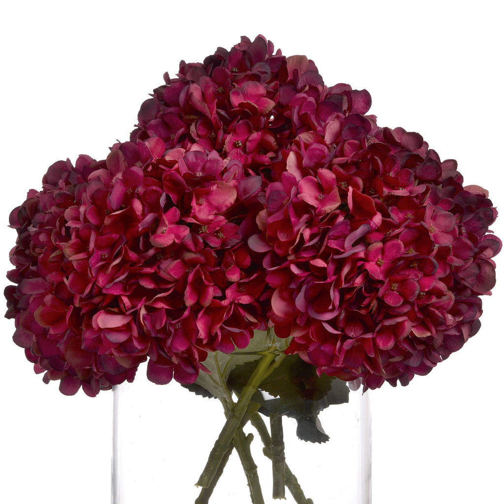 Lifelike ruby red hydrangea stem with hand-painted petals, realistic plastic texture, and botanically accurate details by Sostter at brixbailey.com