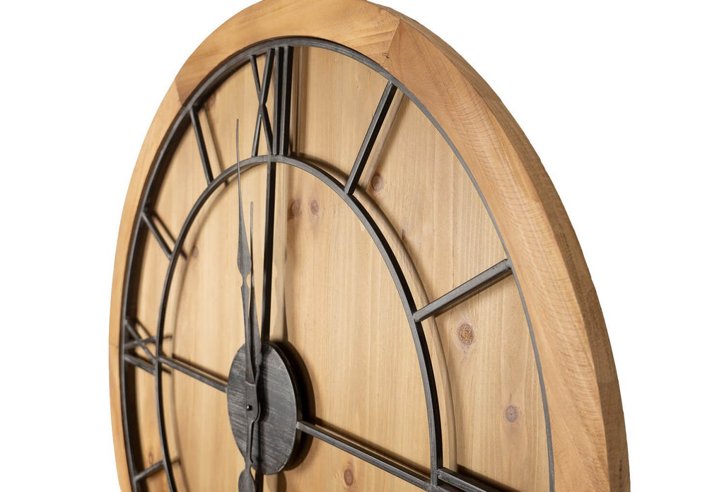 Large wooden wall clock with grey metal roman numerals on warm brown wood, rustic-modern statement piece for home decor by RoomLondon at brixbailey.com