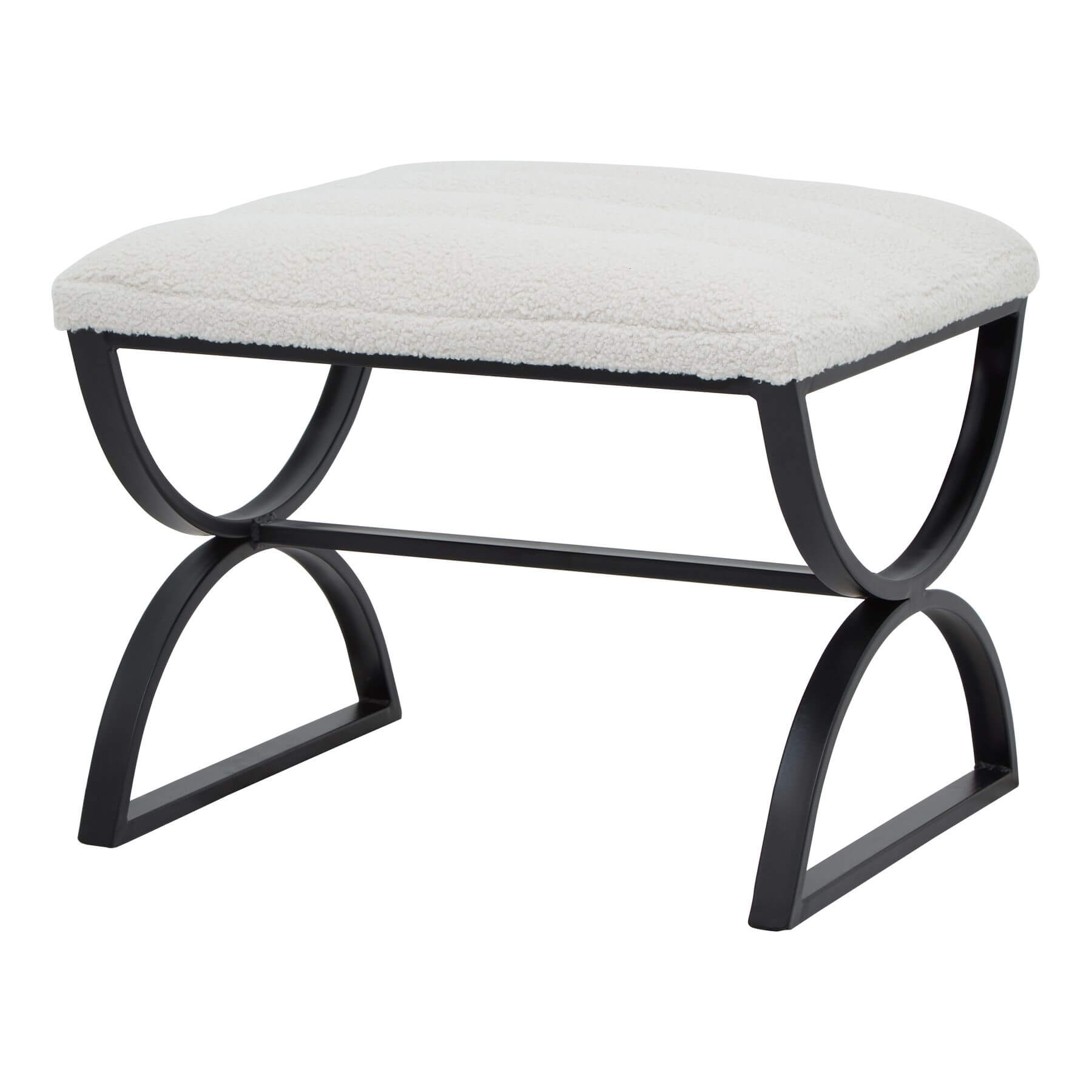 Cream ribbed boucle footstool with black curved metal legs, plush textured upholstery, modern accent piece. by sostter at brixbailey.com