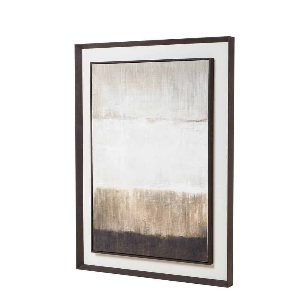 Large abstract linen artwork in neutral earth tones, elegantly framed in dark wood, perfect for modern interiors. by sostter at brixbailey.com