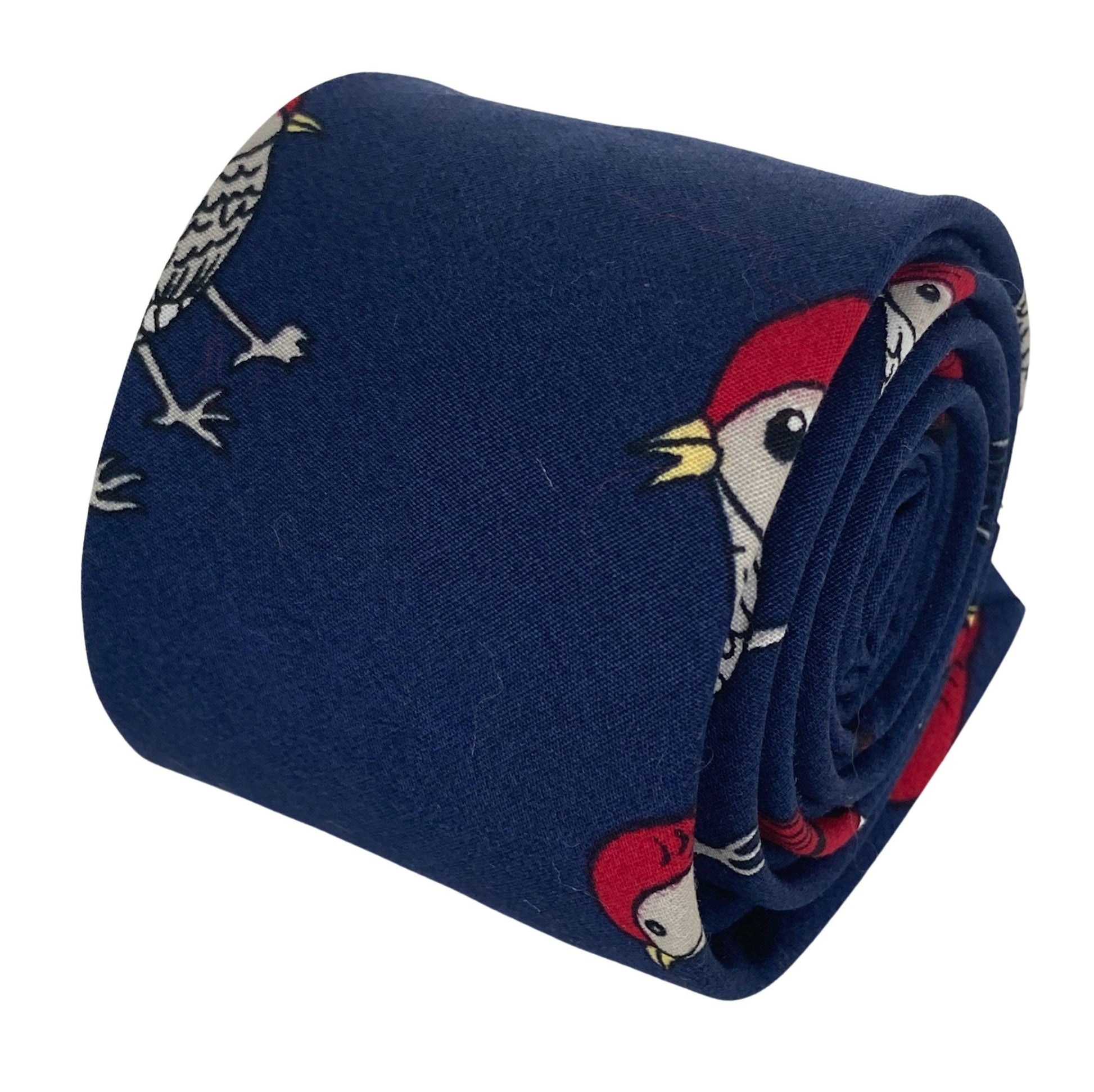 Navy Bird Robin Print Cotton Tie for Men