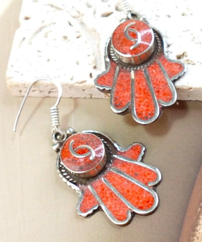 Traditional Tibetan Earrings in Silver, Coral and Amber