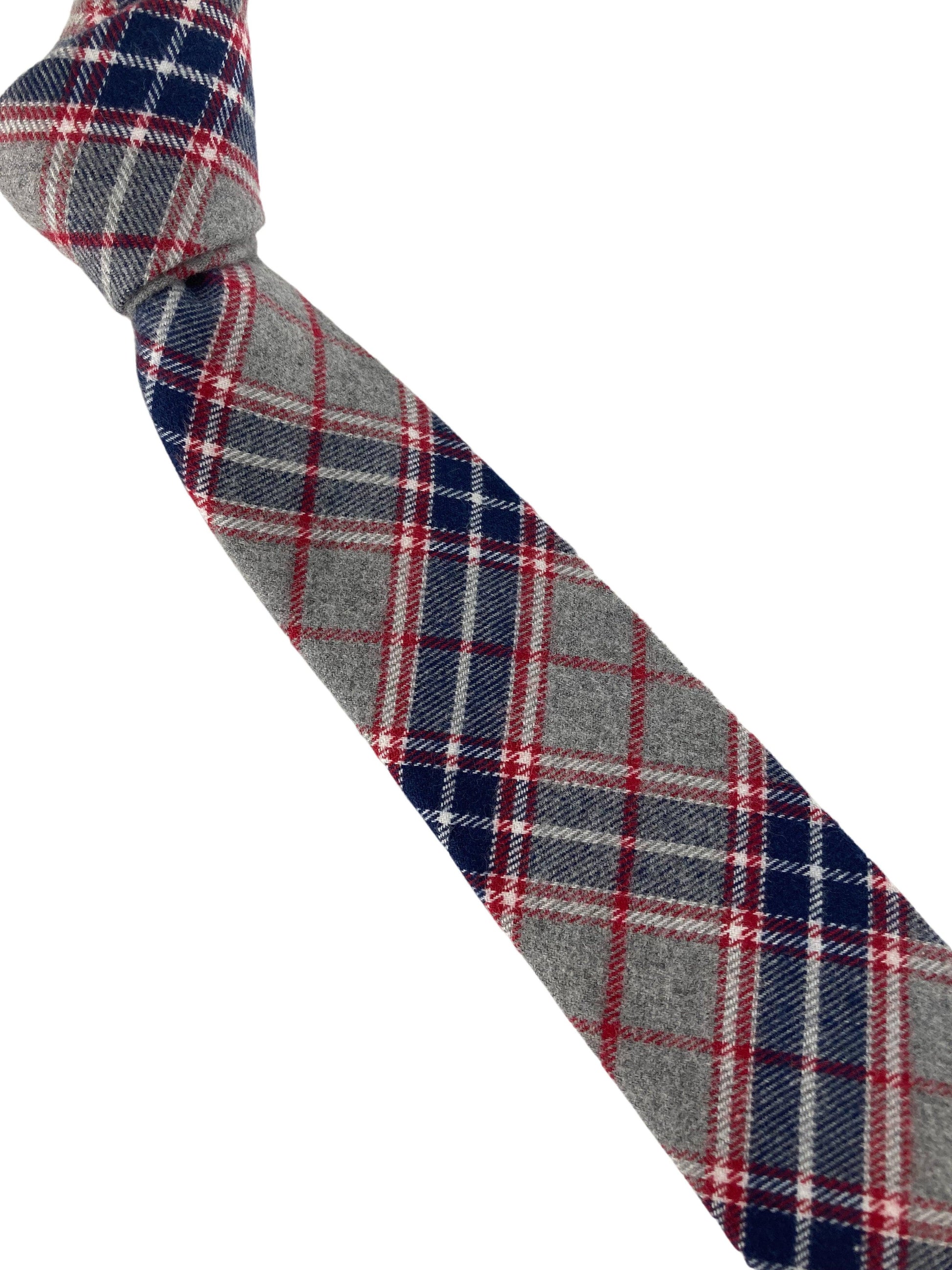 Light Pale Grey Navy and Red Check Cotton Tie