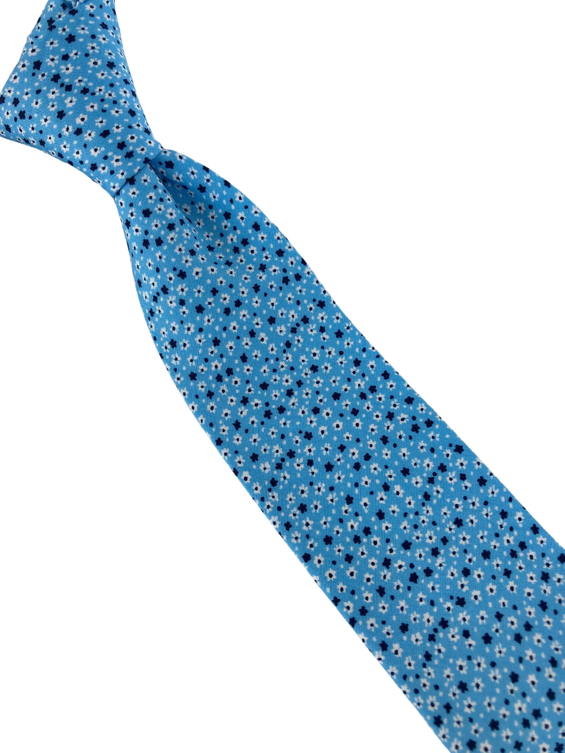 Light Pastel Baby Blue Cotton Tie with Navy and White Floral Print