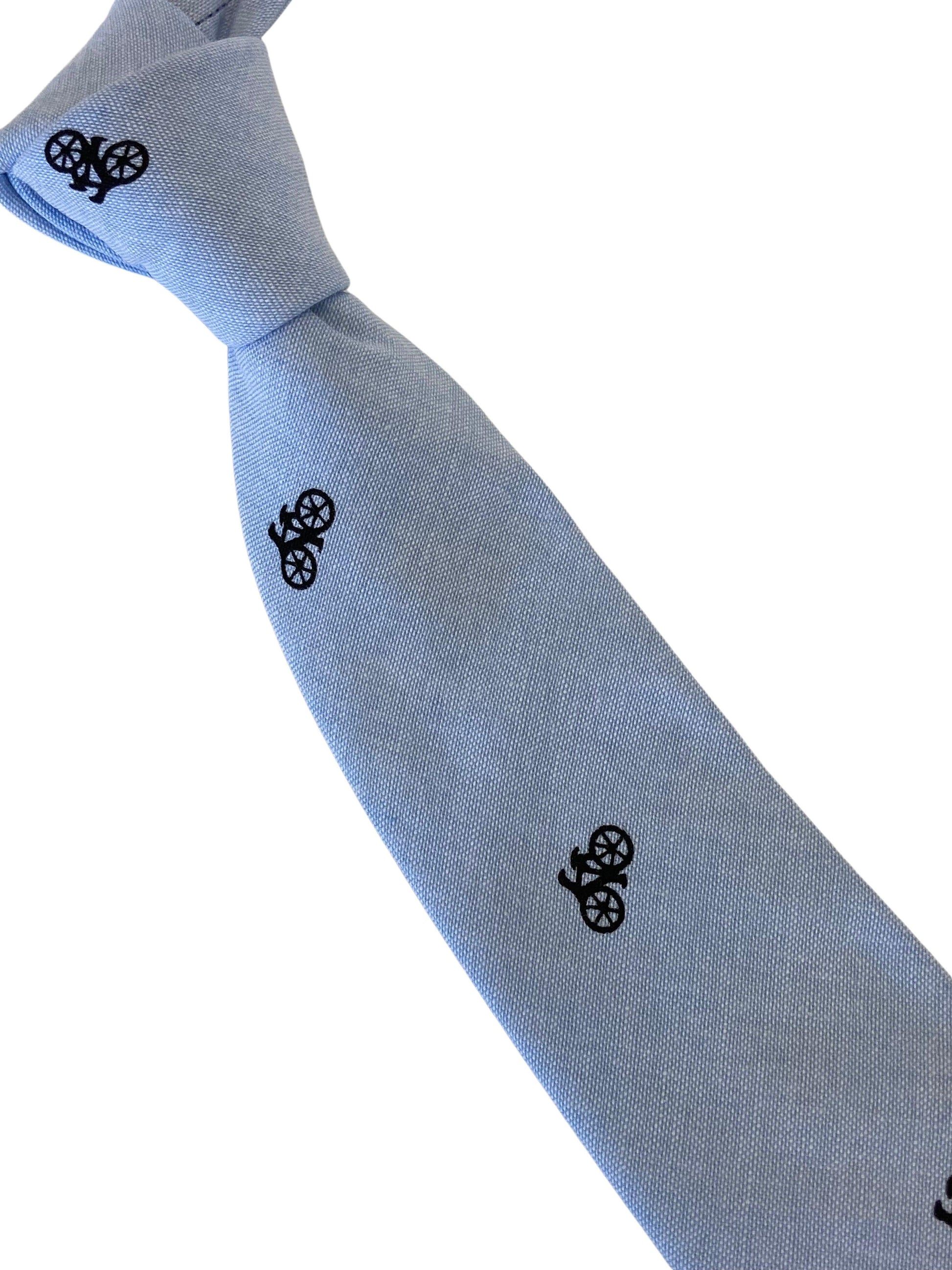 Light Pale Blue Pastel Cotton Tie with Bicycle Design