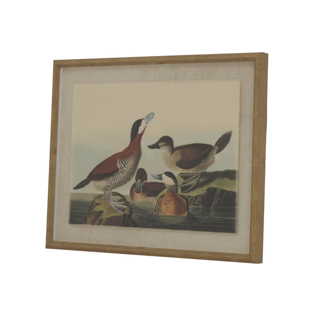 Handcrafted duck artwork with beaded frame on linen canvas, warm earth tones, Flora & Fauna Collection, 50x40cm. by sostter at brixbailey.com
