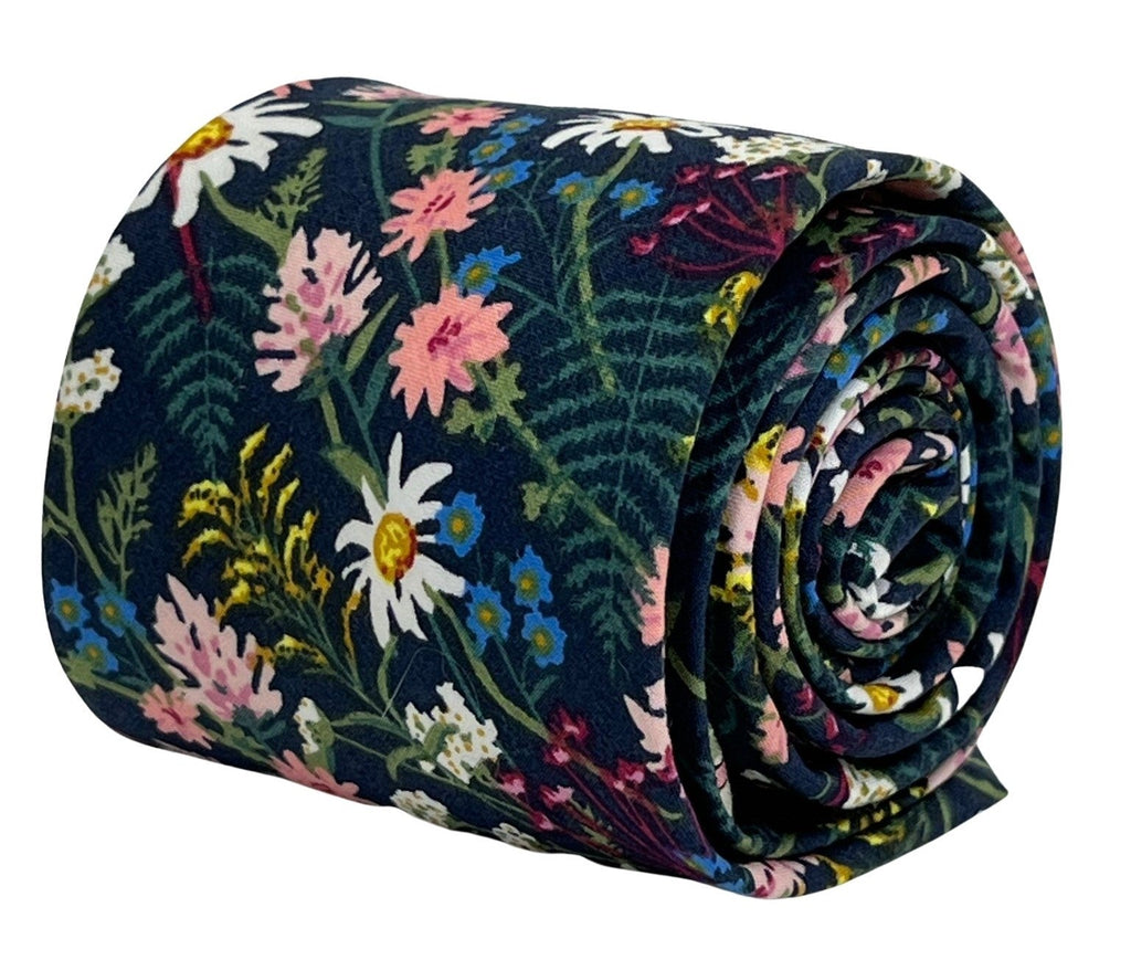 Navy Blue Cotton Tie with English Flower Garden Design