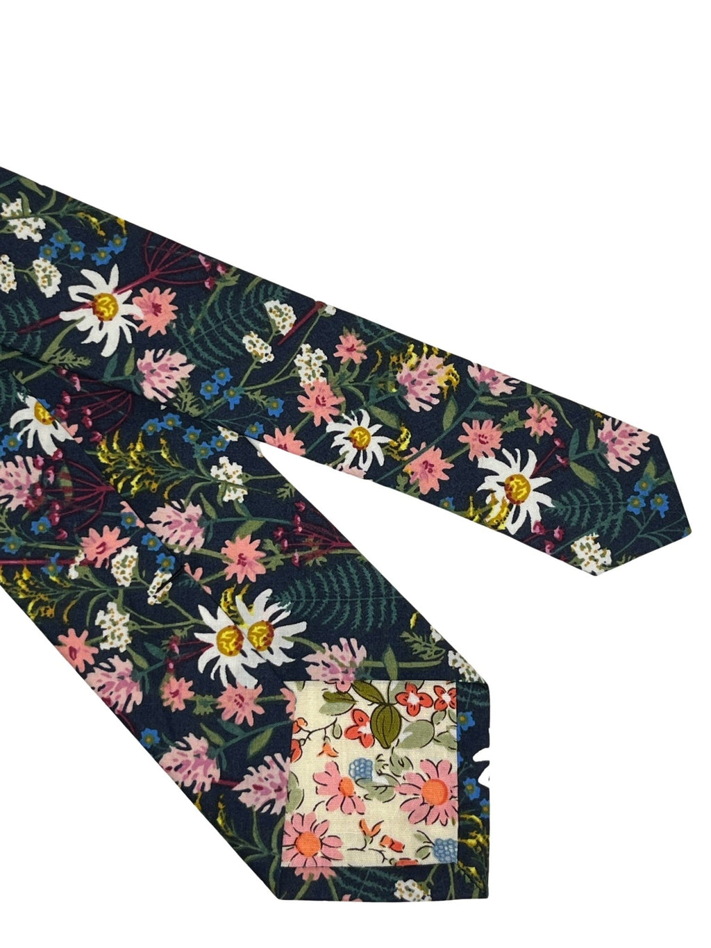 Navy Blue Cotton Tie with English Flower Garden Design