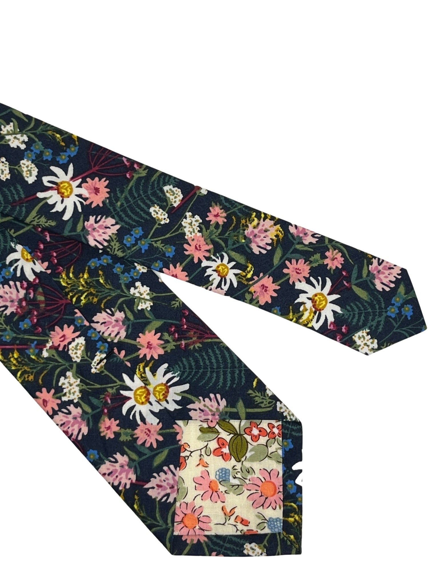 Navy Blue Cotton Tie with English Flower Garden Design