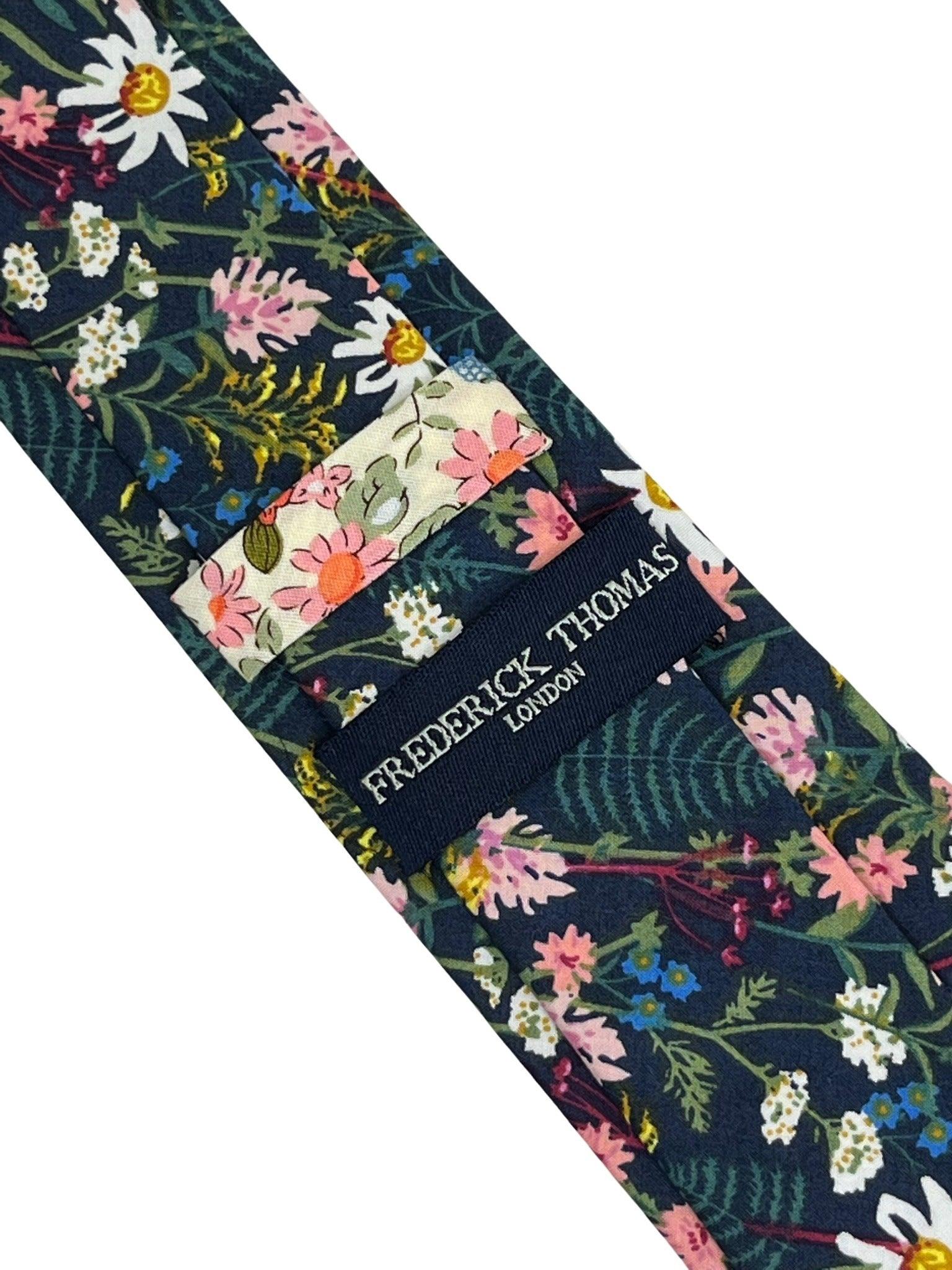 Navy Blue Cotton Tie with English Flower Garden Design