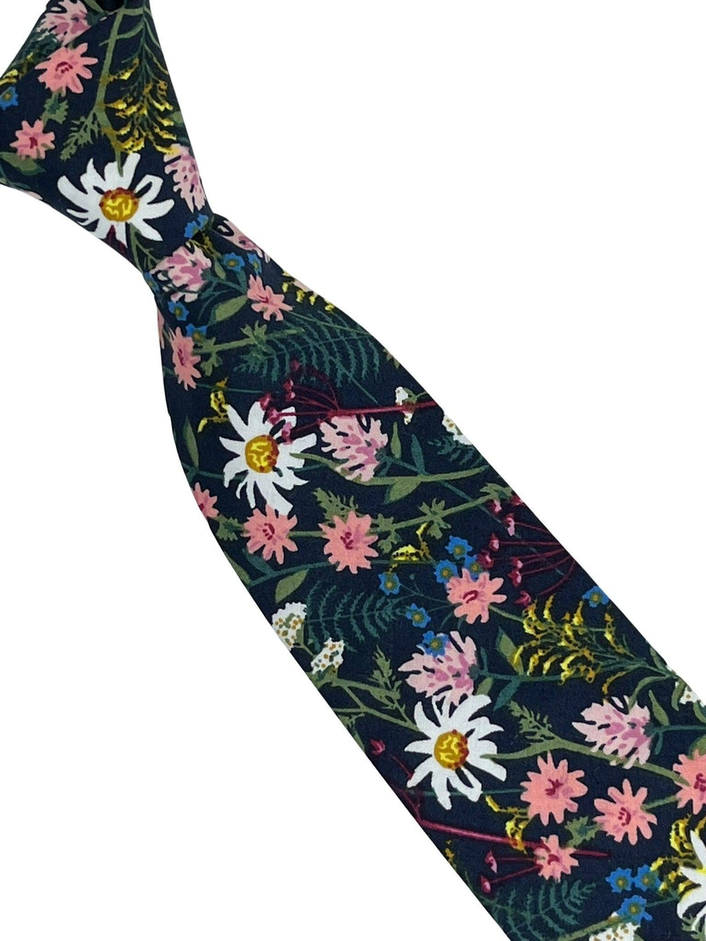 Navy Blue Cotton Tie with English Flower Garden Design