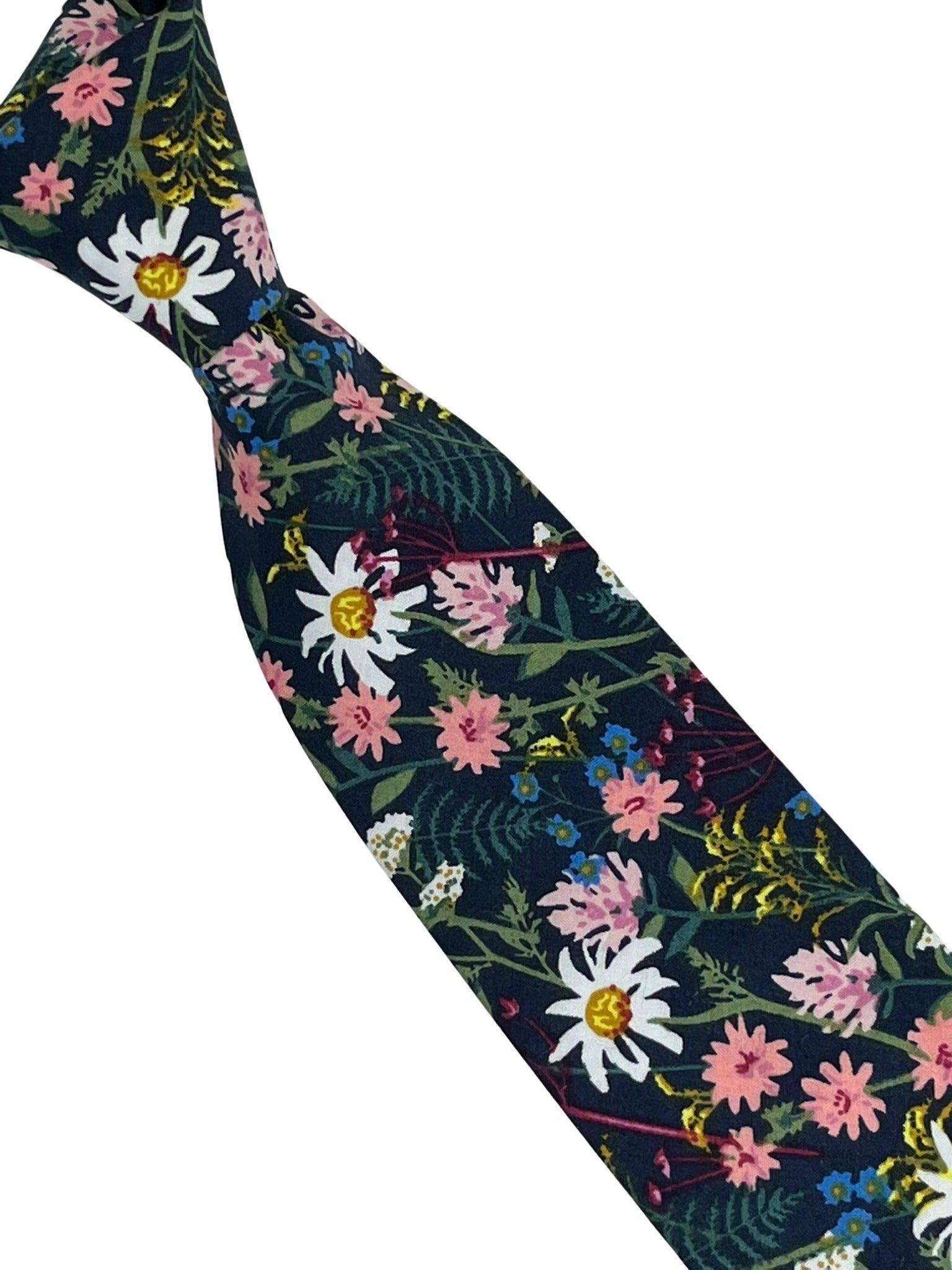 Navy Blue Cotton Tie with English Flower Garden Design