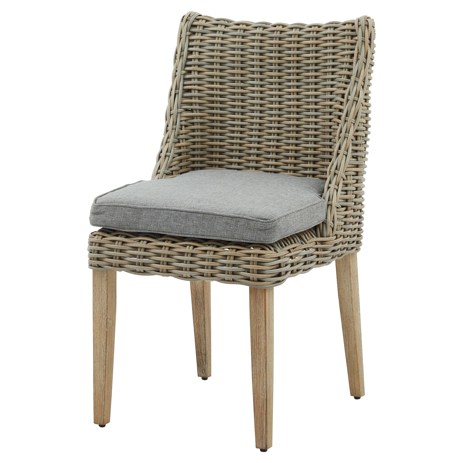 Handwoven beige HDPE wicker outdoor dining chair with powder-coated aluminum frame and quick-dry cushions, Mediterranean style by Sostter at brixbailey.com