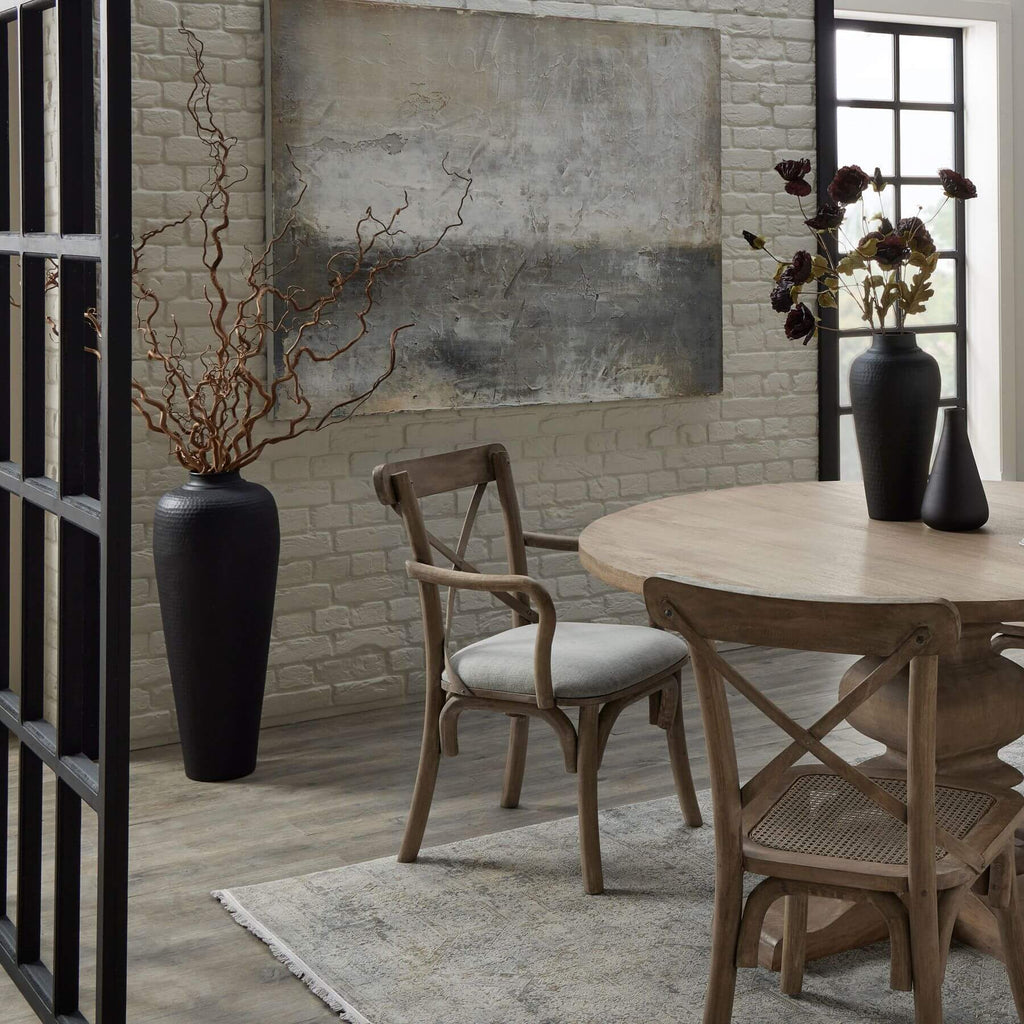 Handcrafted silver-toned canvas art, 120x150cm, premium wood frame, textured brushwork for modern home decor by RoomLondon at brixbailey.com