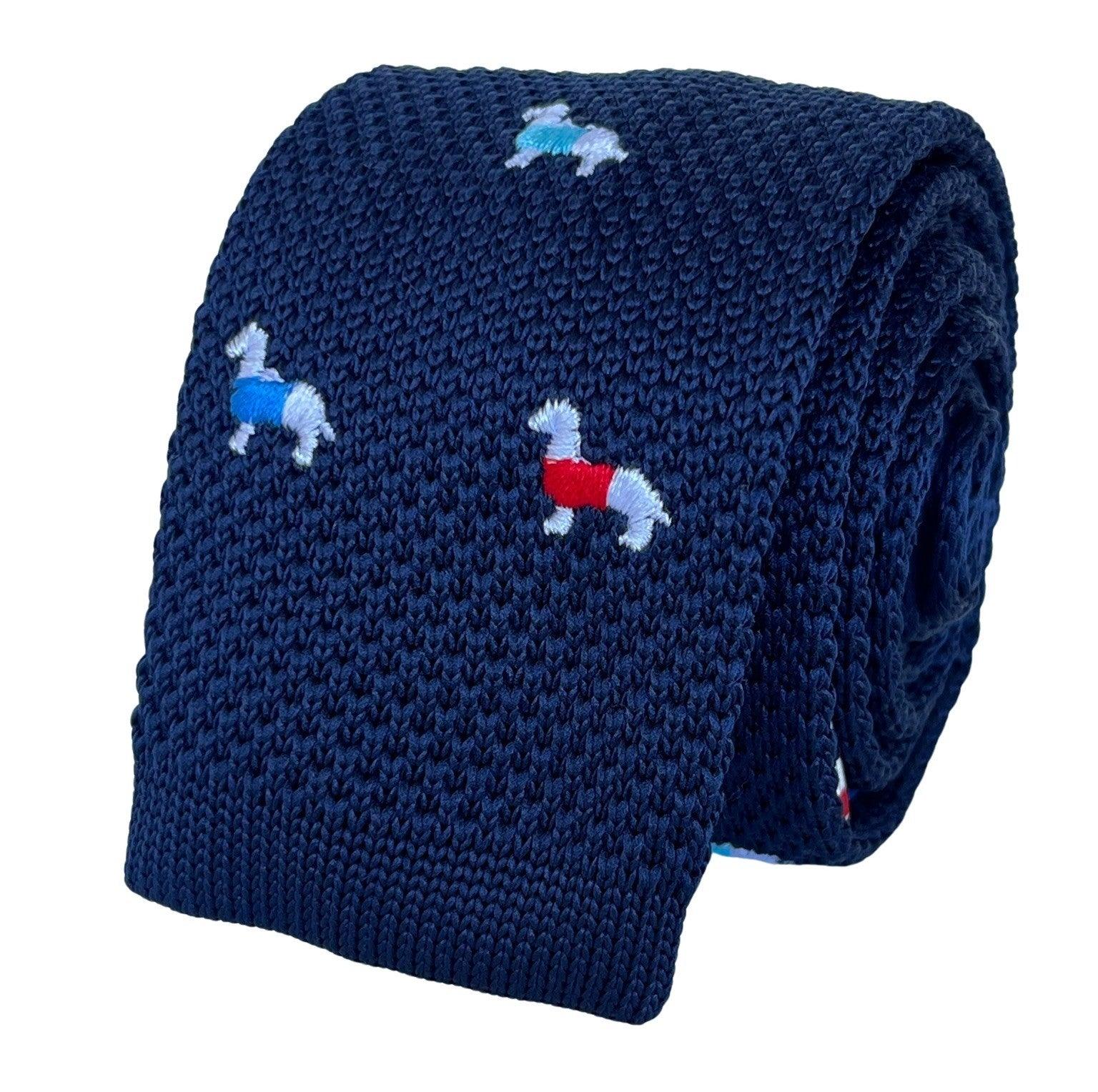 Navy Blue Knitted Tie with Embroidered Dog Design