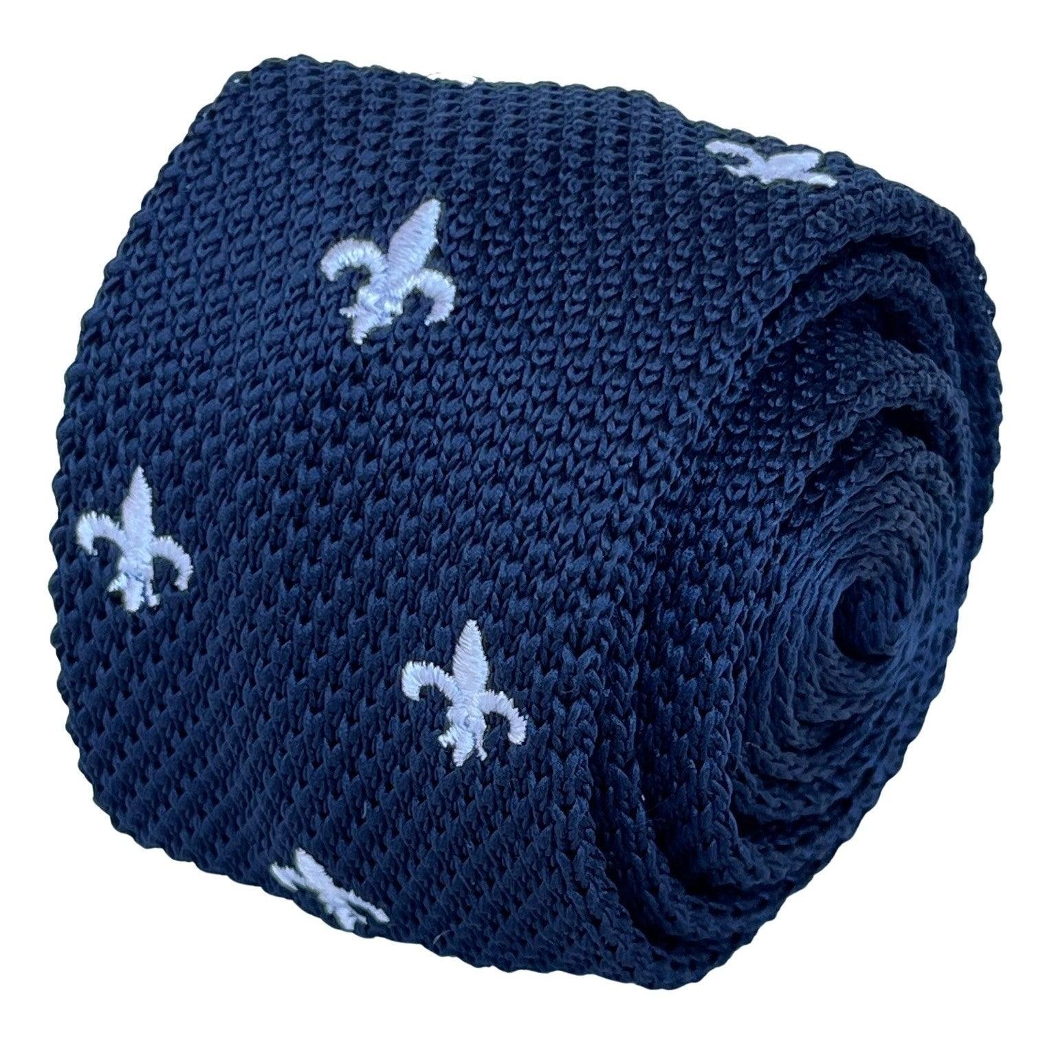 Navy Blue Knitted Tie with White Fleur de Lis Design
