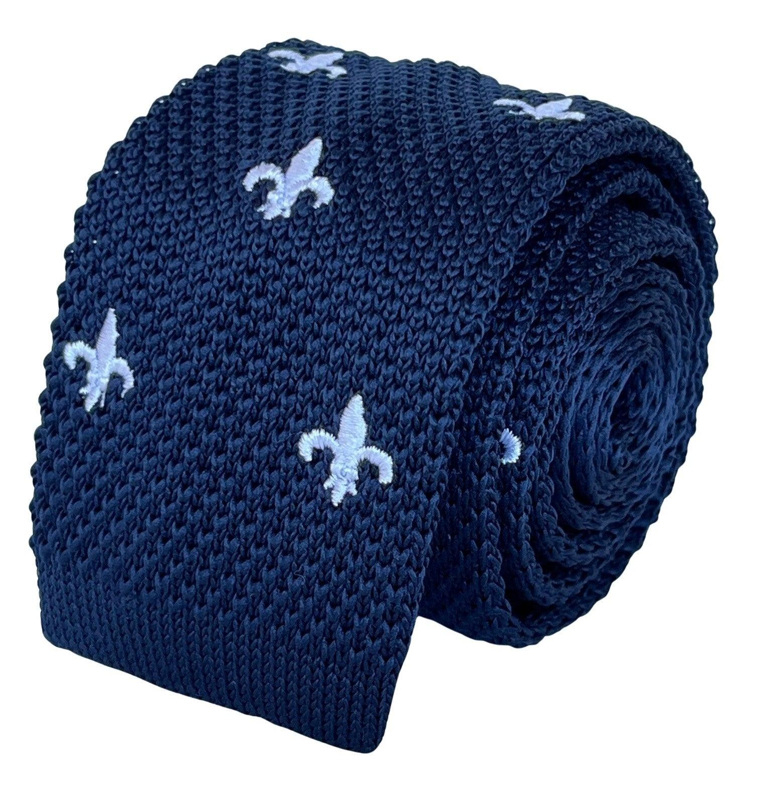 Navy Blue Knitted Tie with White Fleur de Lis Design