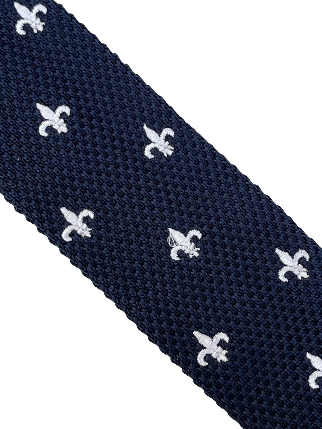 Navy Blue Knitted Tie with White Fleur de Lis Design