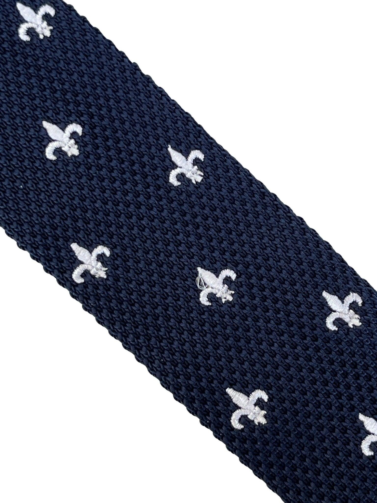 Navy Blue Knitted Tie with White Fleur de Lis Design