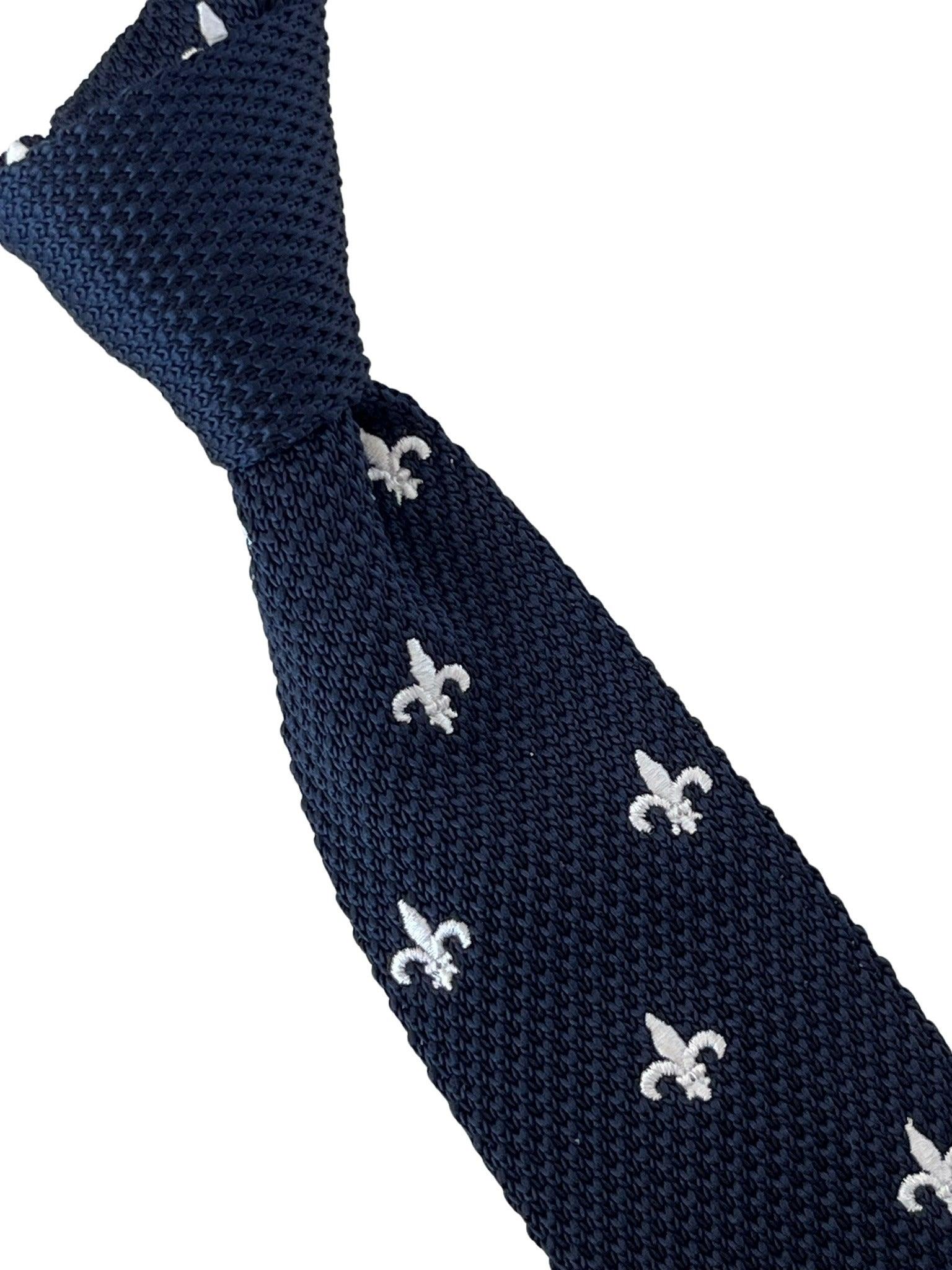 Navy Blue Knitted Tie with White Fleur de Lis Design