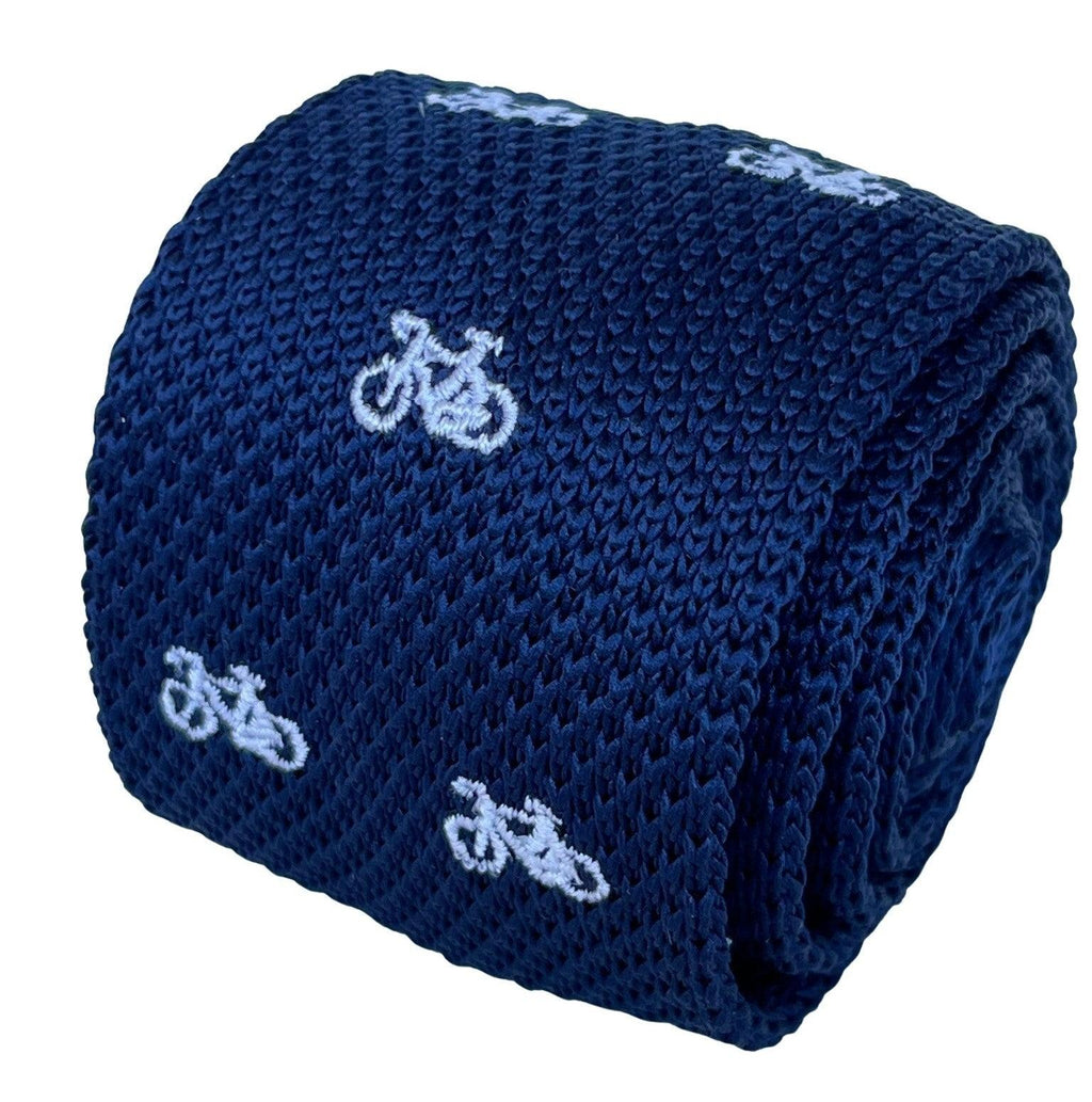 Navy Blue Knitted Tie with White Bicycle Embroidery