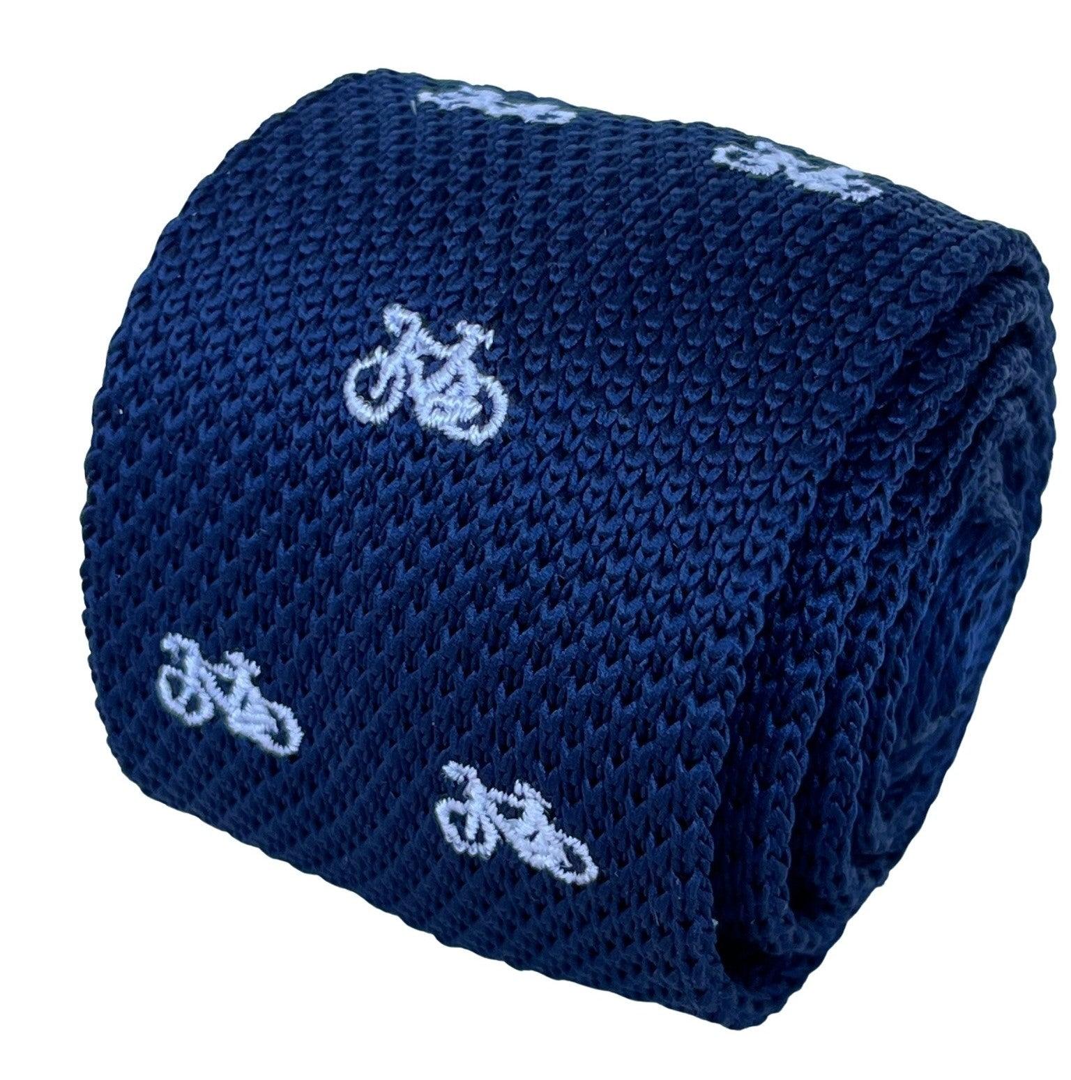 Navy Blue Knitted Tie with White Bicycle Embroidery