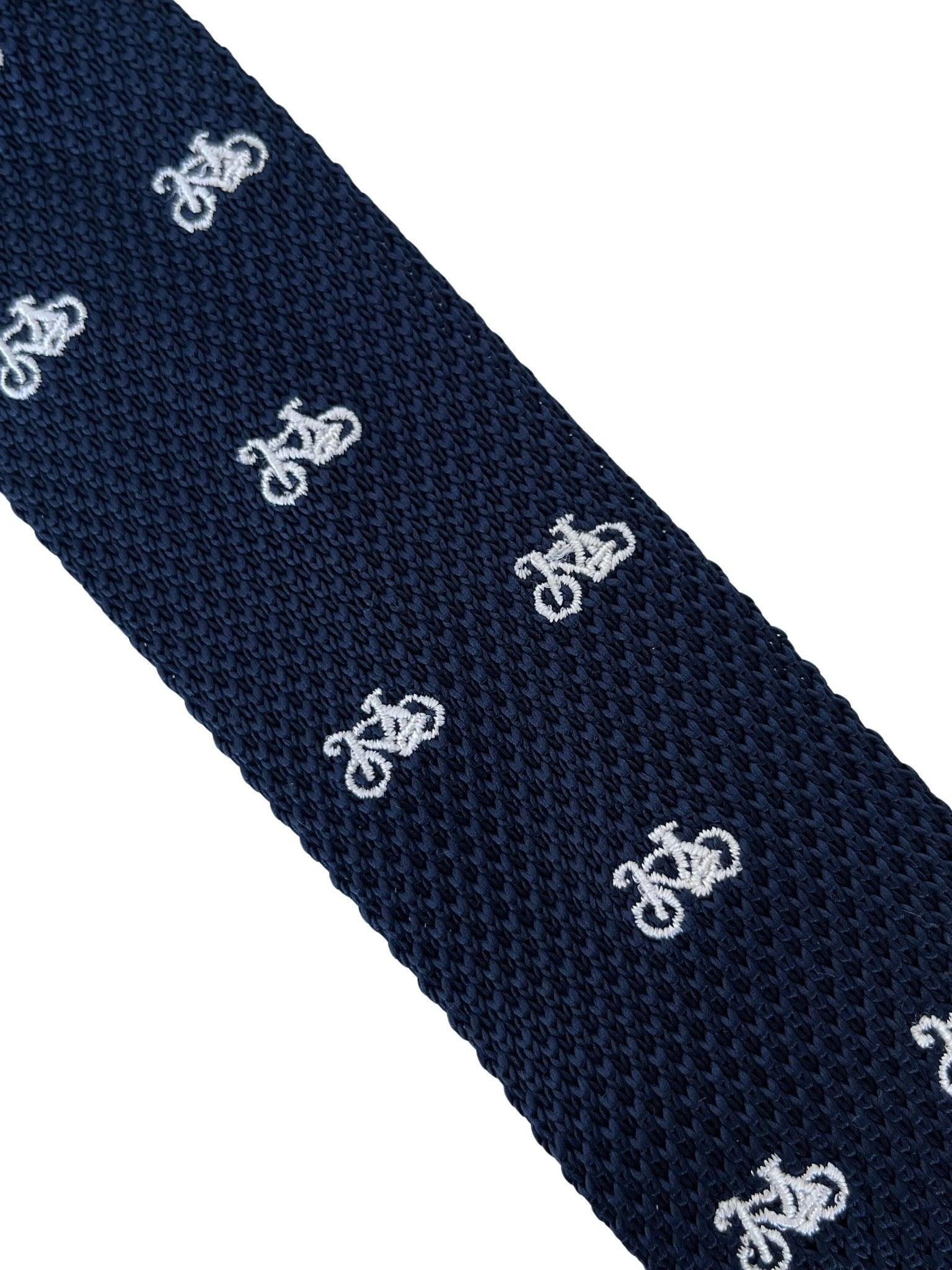 Navy Blue Knitted Tie with White Bicycle Embroidery