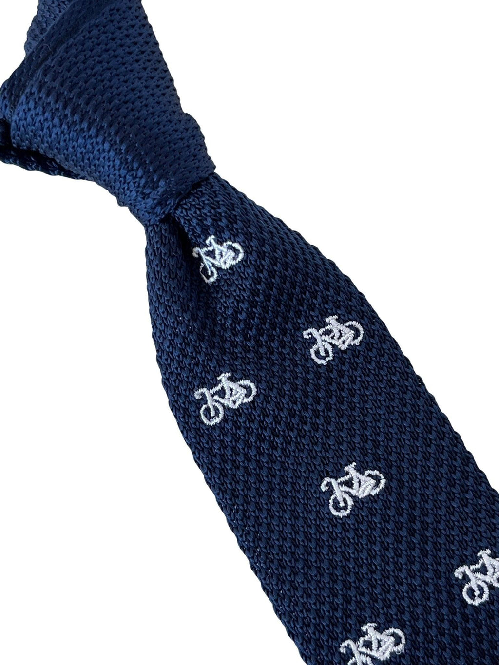 Navy Blue Knitted Tie with White Bicycle Embroidery