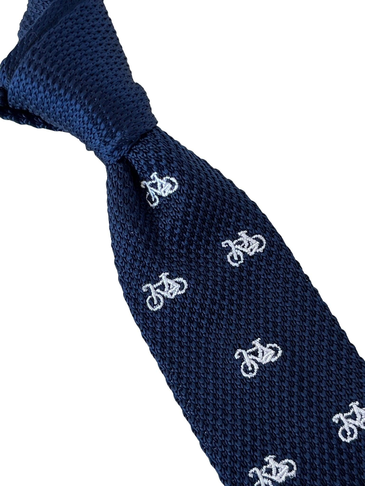 Navy Blue Knitted Tie with White Bicycle Embroidery