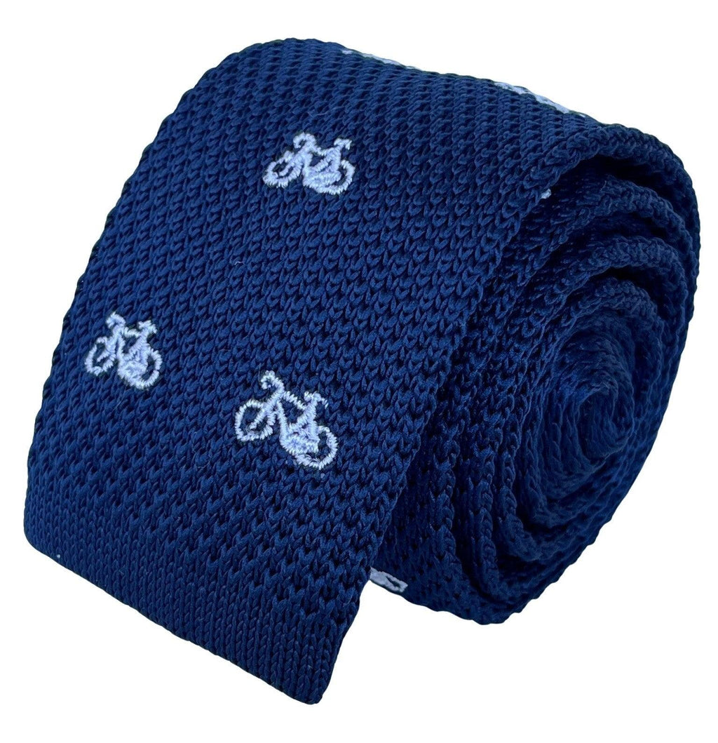 Navy Blue Knitted Tie with White Bicycle Embroidery