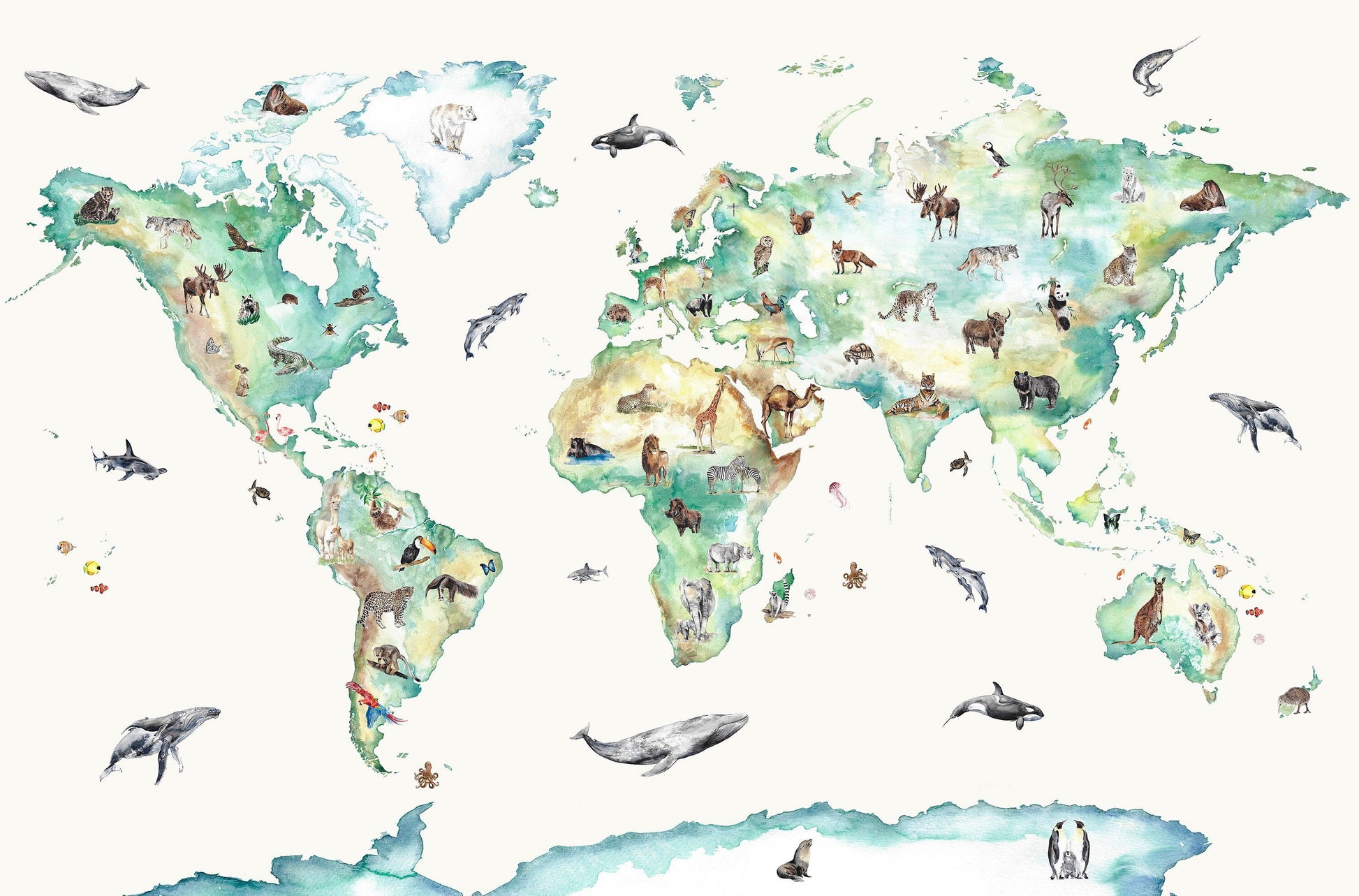 Wildlife World Map Mural Wallpaper for Children