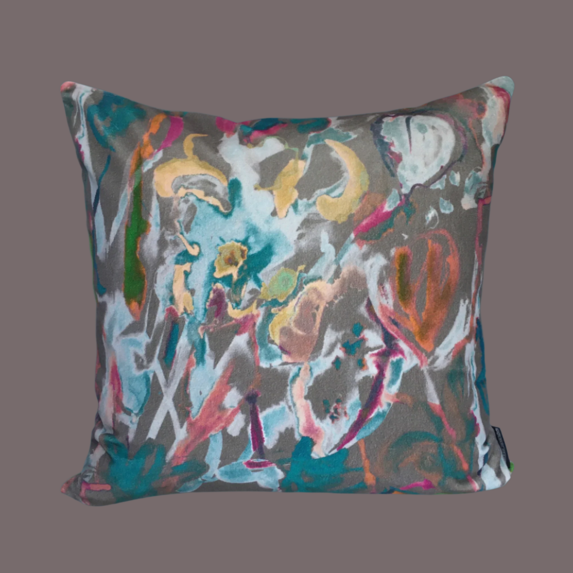 Watercolour Floral Velvet Cushion - Grey