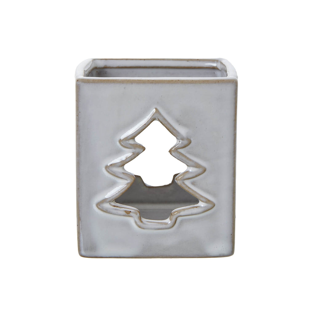 White ceramic tealight holder with tree cut-outs casting shadow patterns, minimalist home decor  

**  
- **Keywords included:** white ceramic, tealight holder, tree cut-outs, shadow patterns, minimalist, home decor  
- **Clear description:** Visually describes the product and its key decorative feature  
- **SEO & accessibility optimized:** Concise yet informative for both search engines and screen readers by sostter at brixbailey.com
