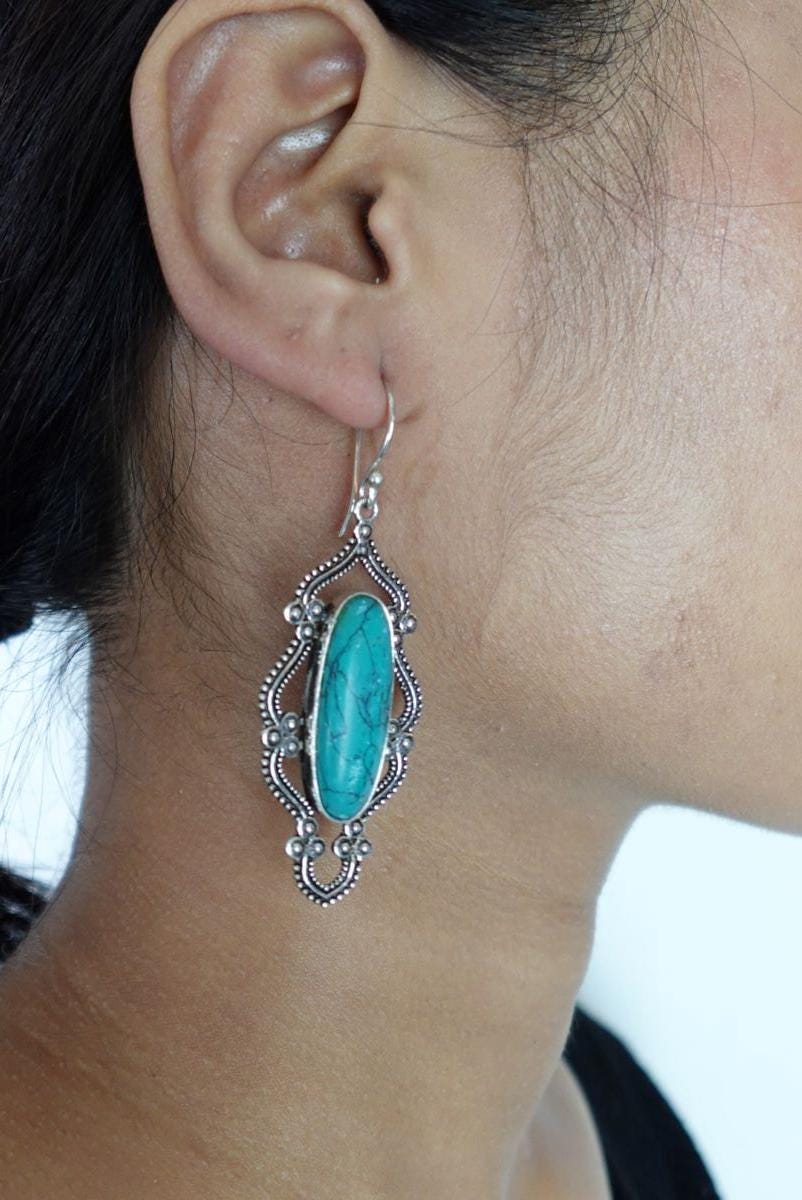 Vintage Silver Drop Earrings with Turquoise and Labradorite