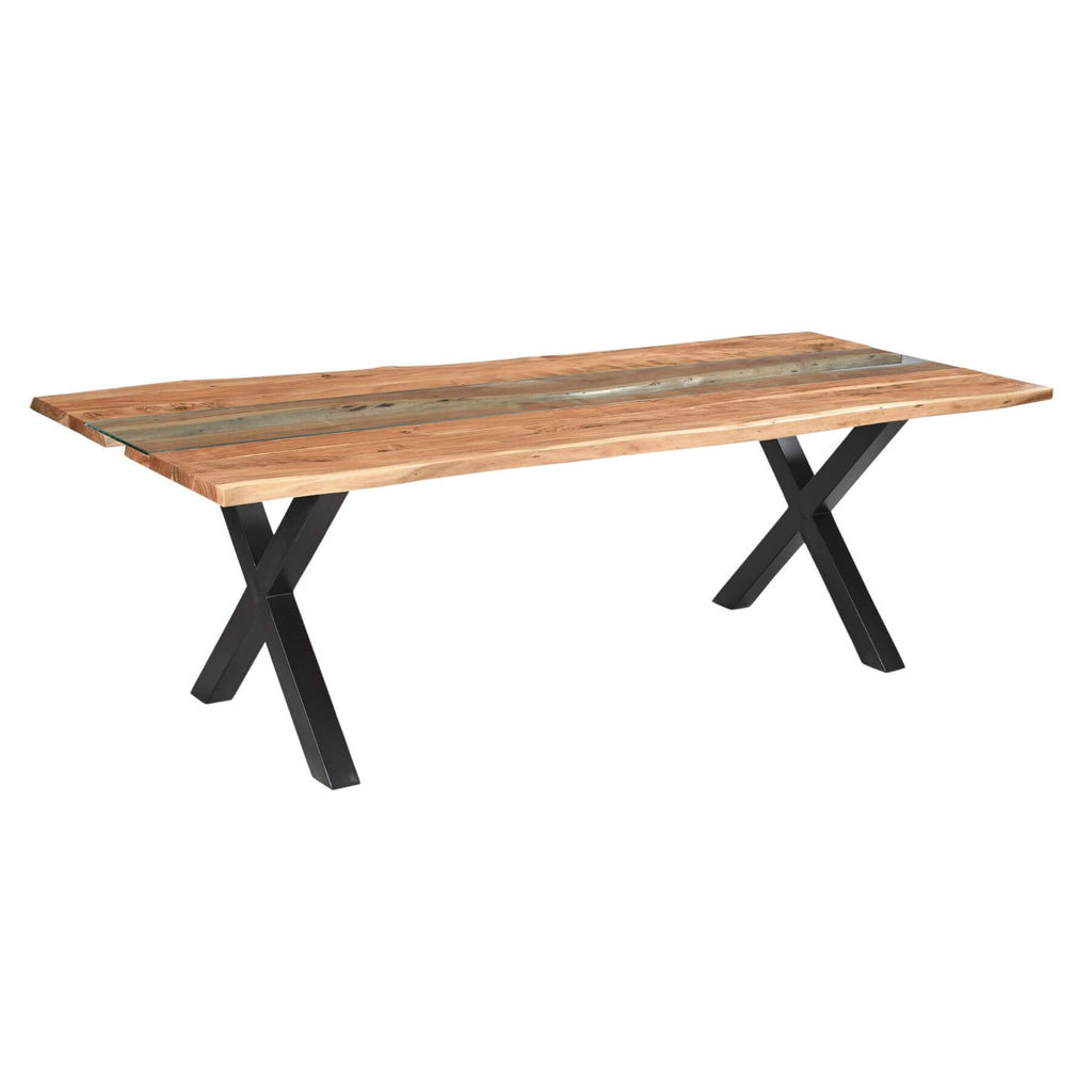 Live edge river dining table with acacia wood, glass center, and black steel legs, modern rustic design. by RoomLondon at brixbailey.com