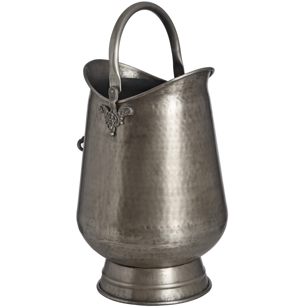 Handcrafted antique pewter coal bucket with gunmetal finish, intricate leaf motifs, and elegant curves for home decor. by sostter at brixbailey.com